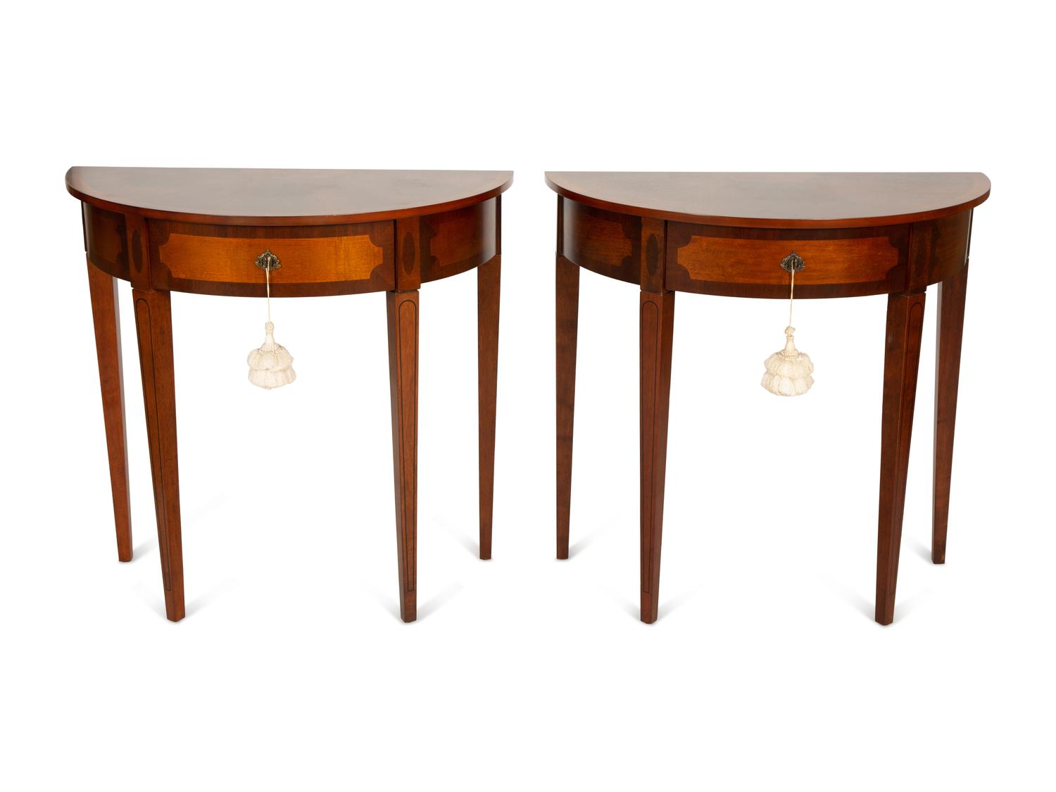 A Pair of George III Style Inlaid Mahogany Demilune Side Tables