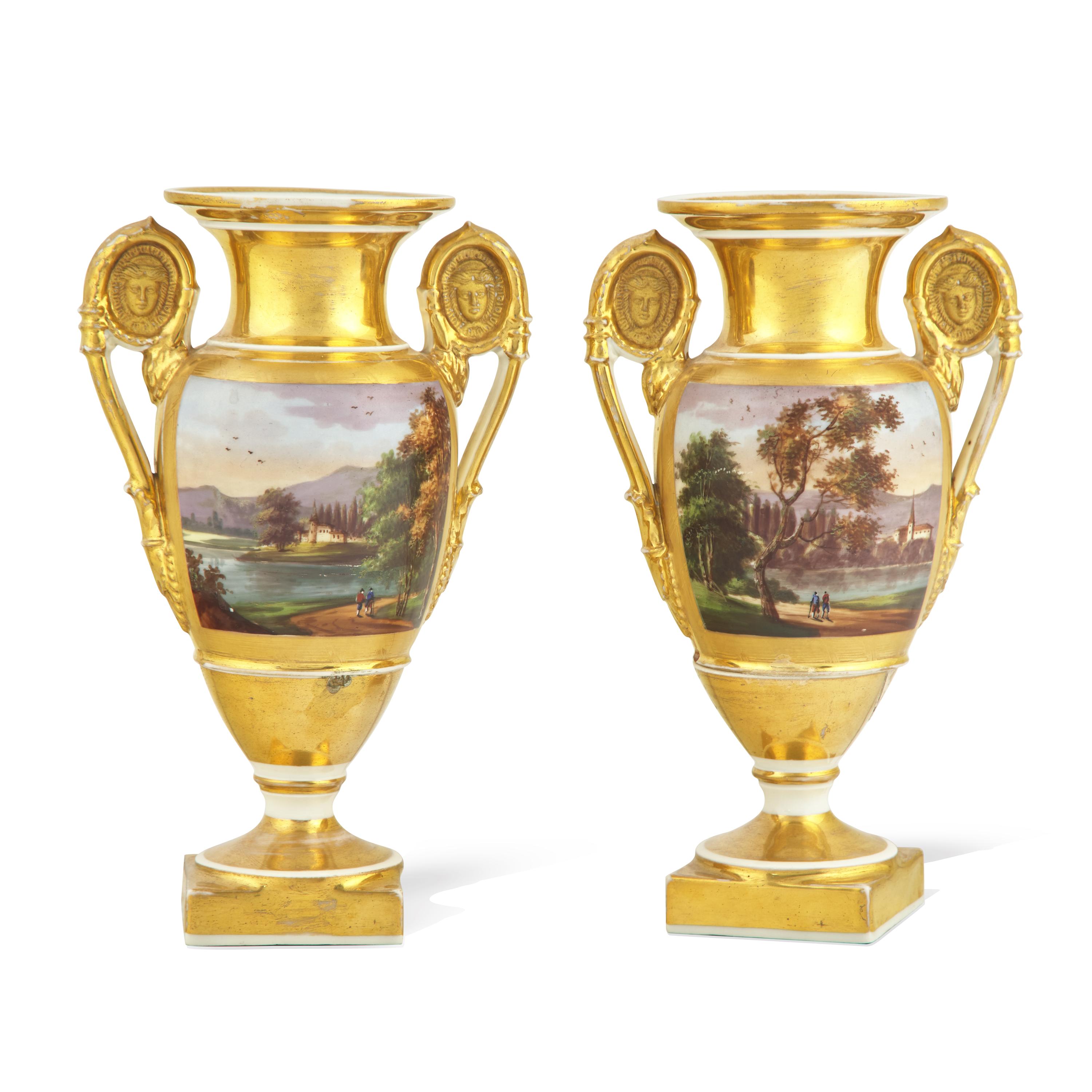 A Pair of Paris Porcelain Gilt and Enamel-Decorated Vases