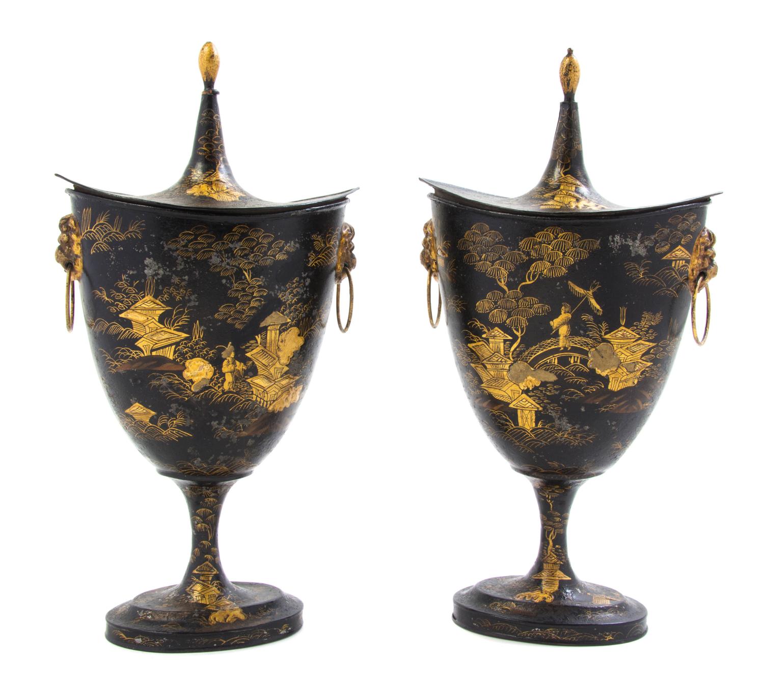 A Pair of Tole Urns and Covers, 19TH/20TH CENTURY, Height 13 inches. — 19TH/20TH CENTURY,