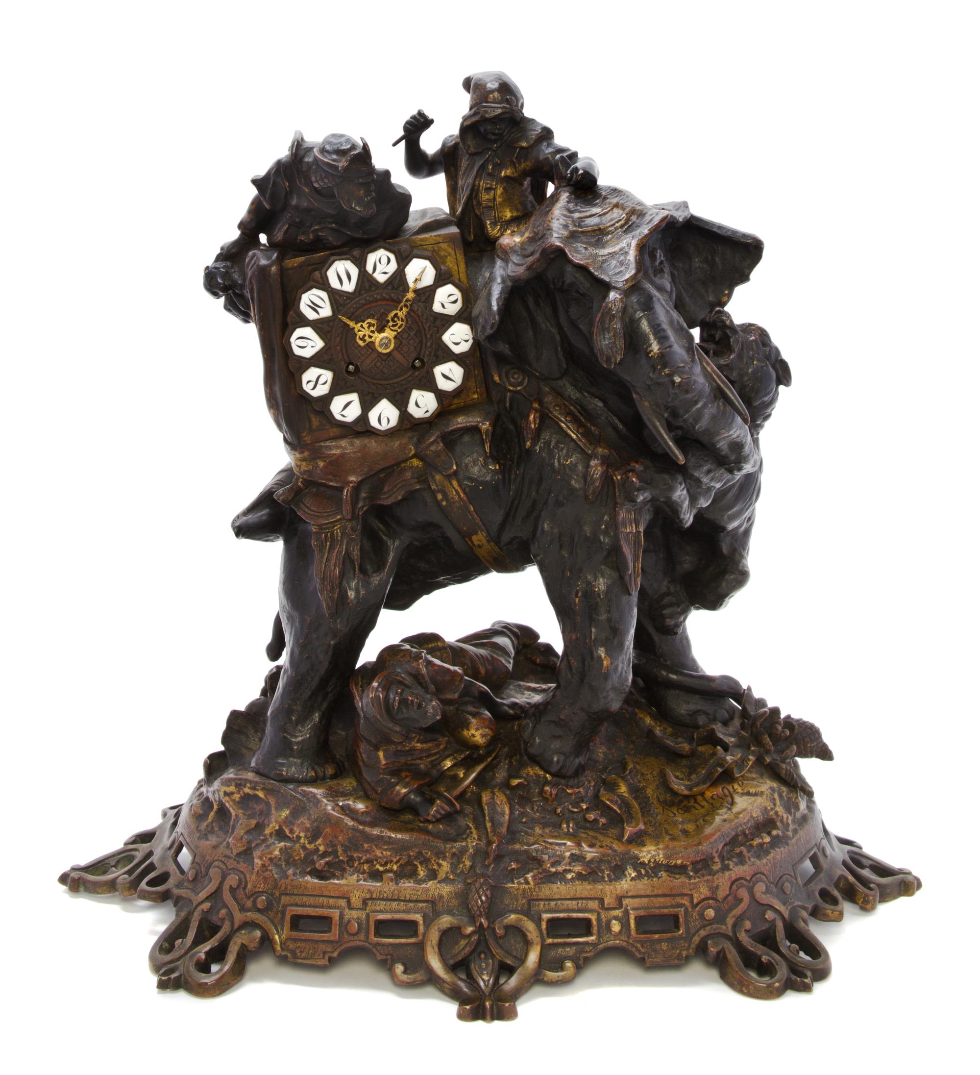 A Continental Bronze Figural Mantel Clock, Height 20 inches.