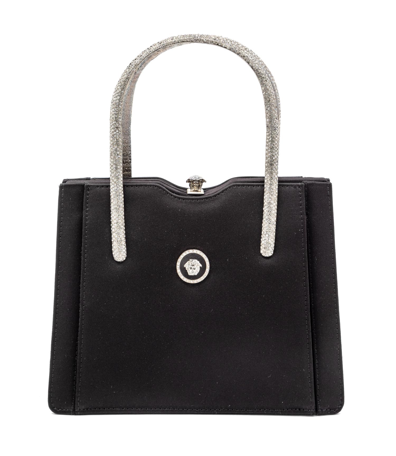 Gianni Versace Couture Black Handbag with Medallion Medusa and Silvertone Handles, 1990s