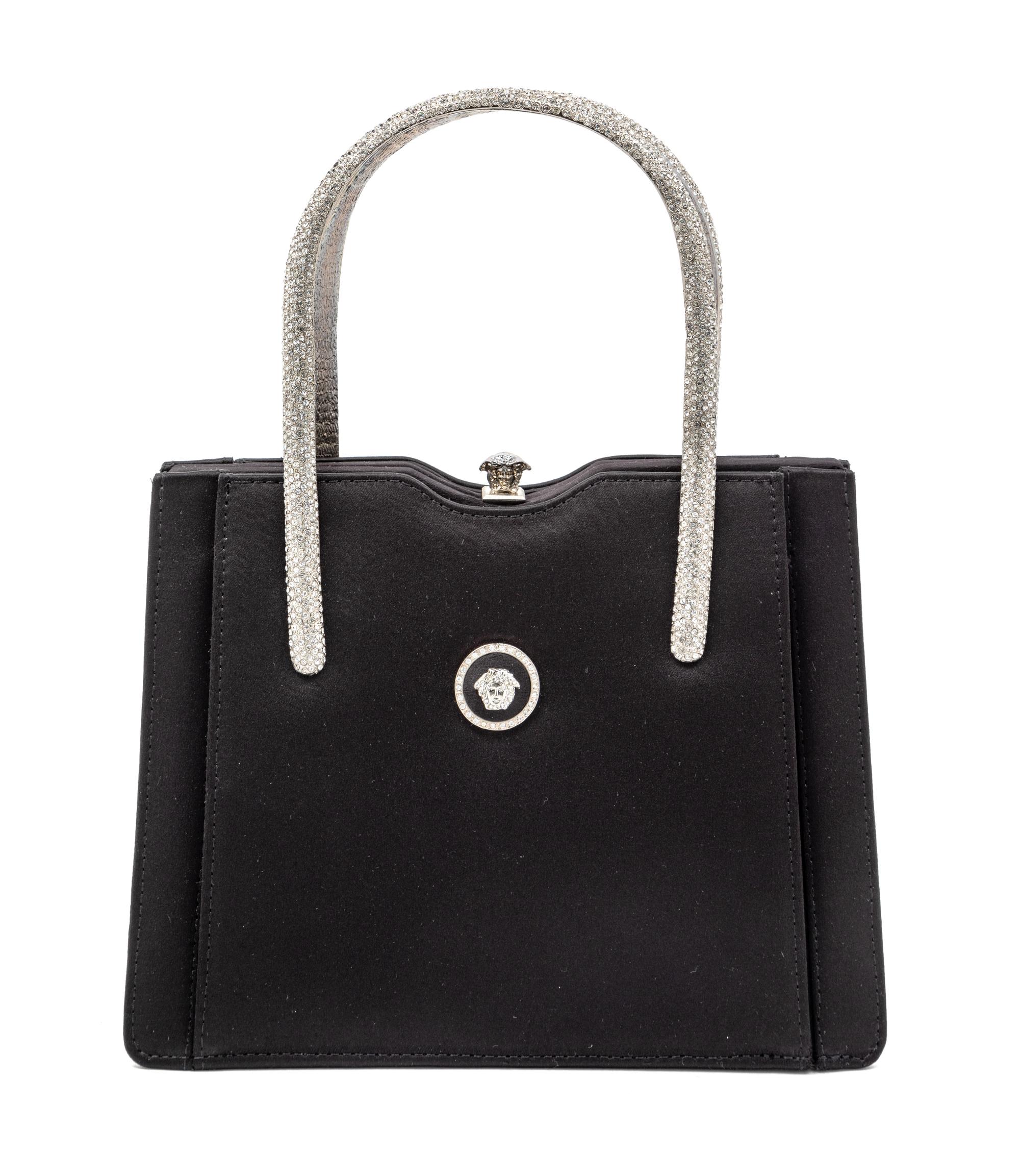 Gianni Versace Couture Black Handbag with Medallion Medusa and Silvertone Handles, 1990s
