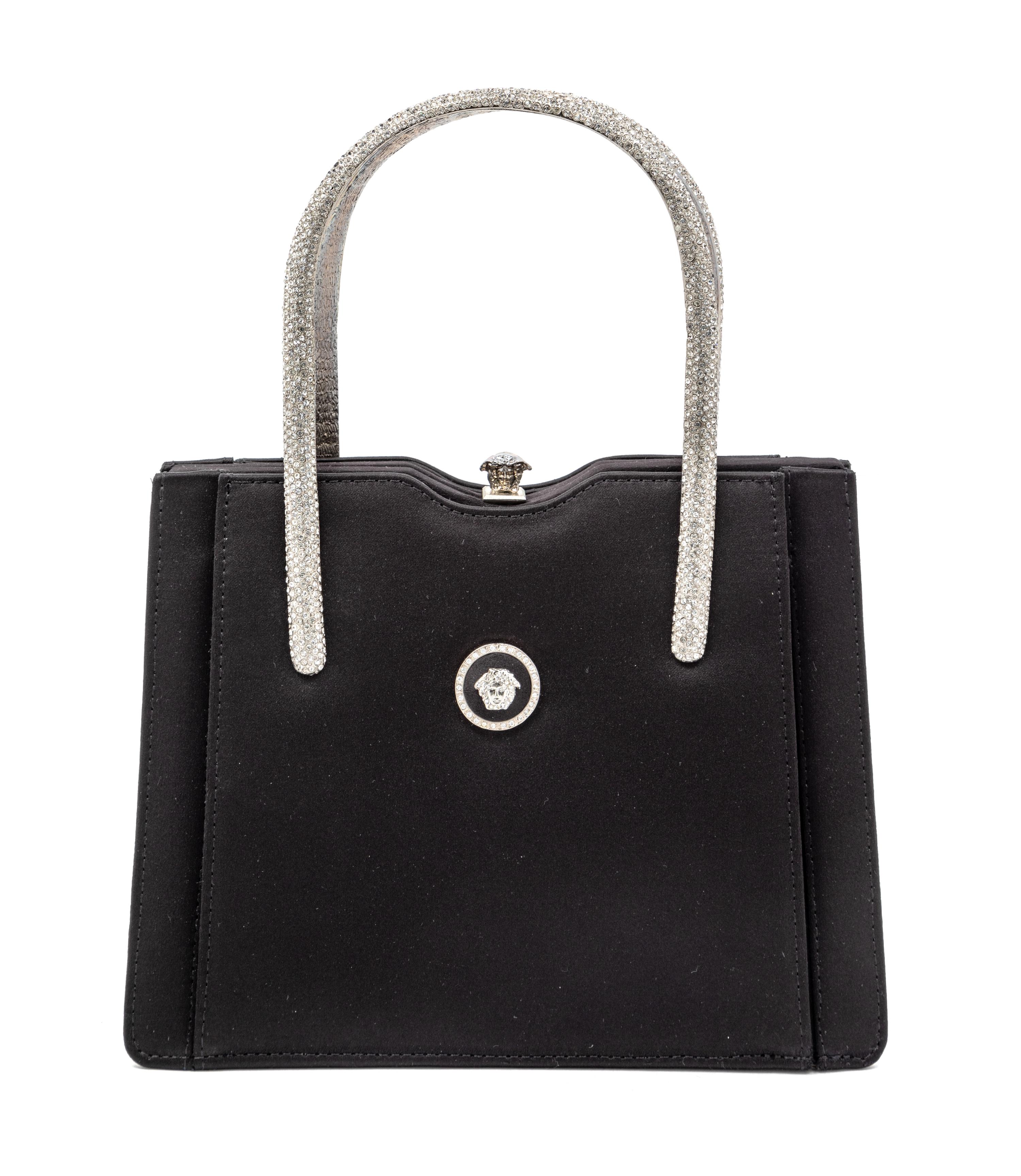 Gianni Versace Couture Black Handbag with Medallion Medusa and Silvertone Handles, 1990s