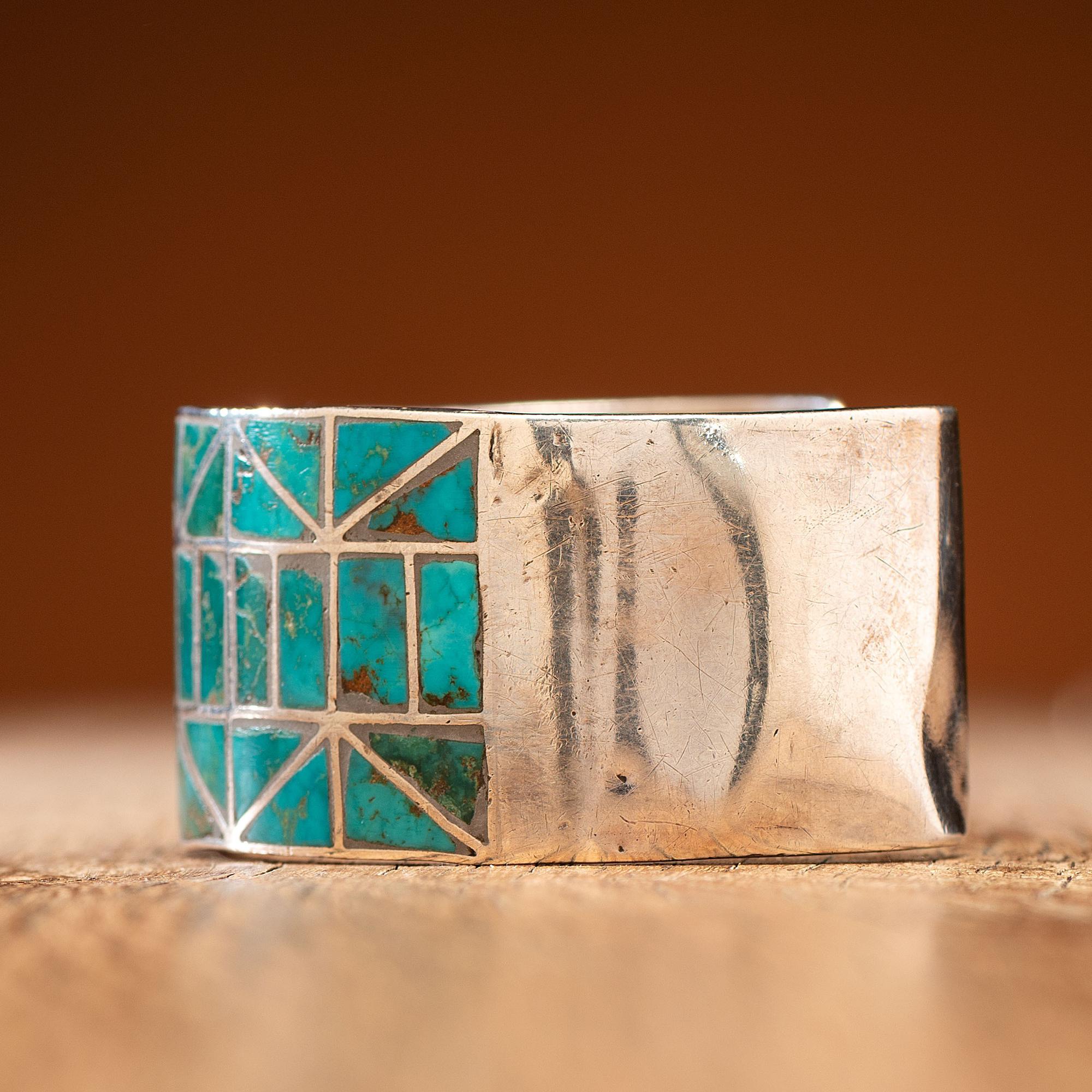 Zuni Silver Cuff Bracelet, with Blue Gem Turquoise Channel Inlay