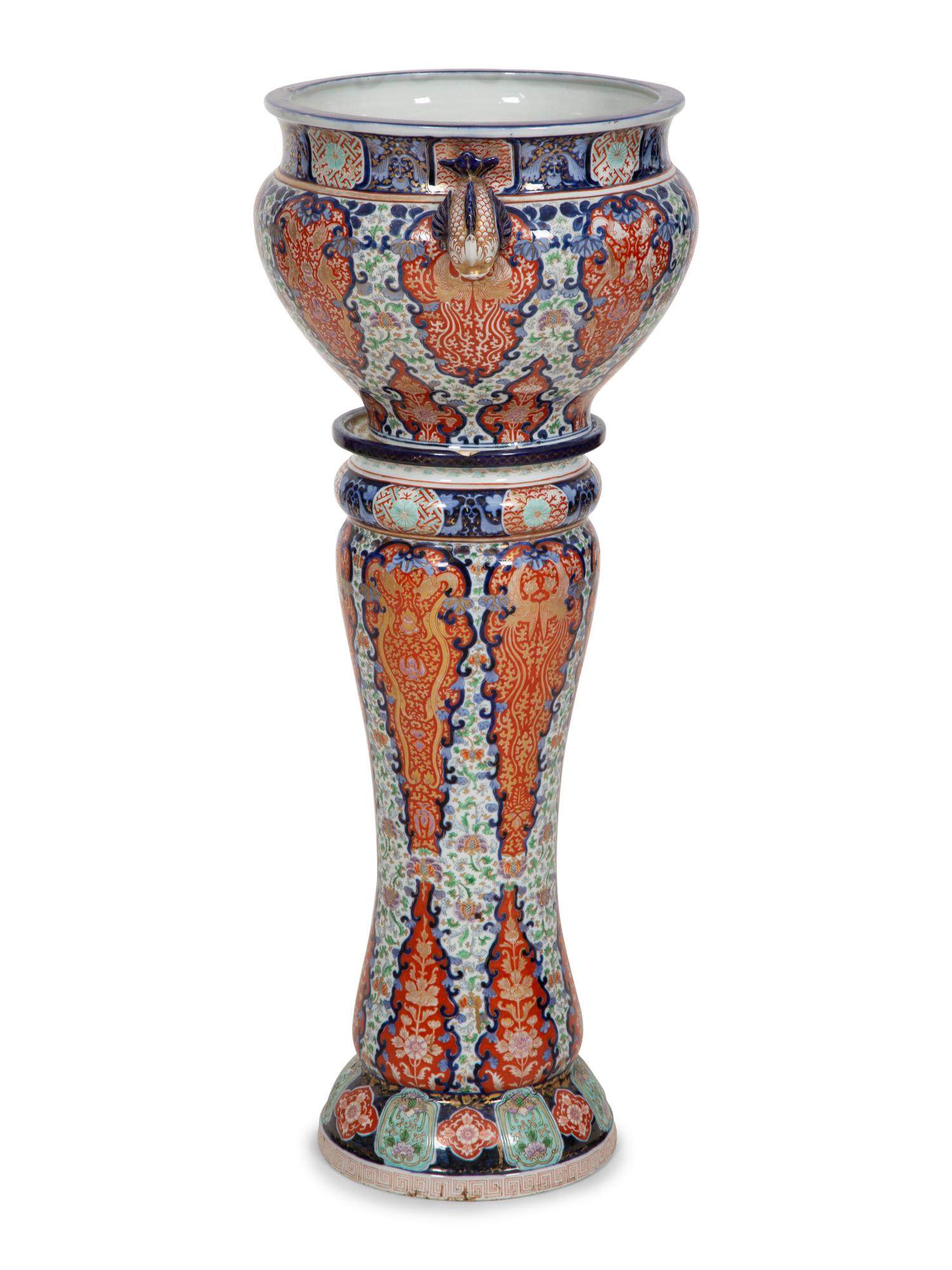 A Japanese Porcelain Jardinière and Pedestal
