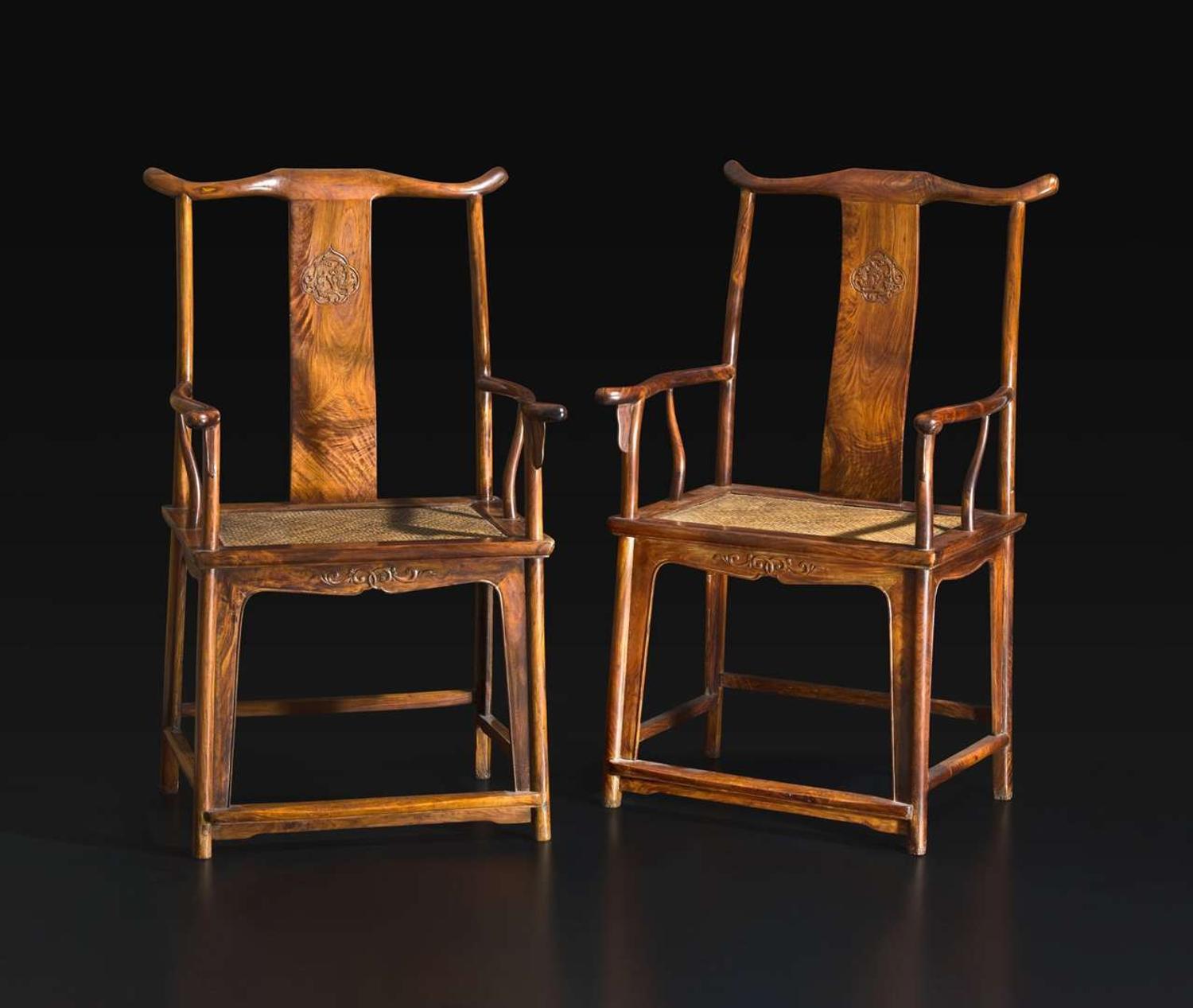 A rare pair of Chinese Huanghuali yoke-back armchairs, sichutou guanmaoyi 黄花梨四出頭官帽椅一对 17th/ 18th century ???????