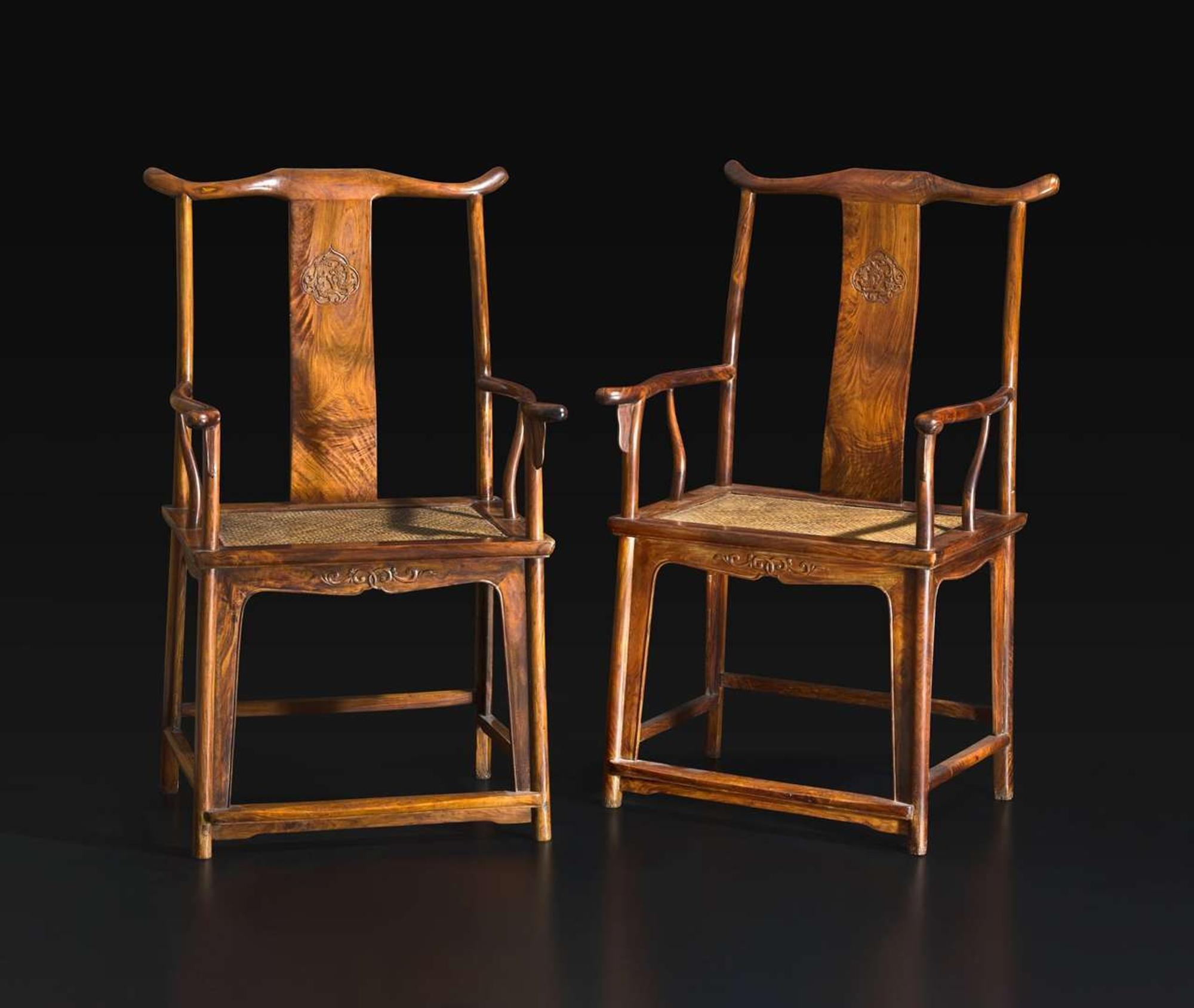 A rare pair of Chinese Huanghuali yoke-back armchairs, sichutou guanmaoyi 黄花梨四出頭官帽椅一对 17th/ 18th century ???????