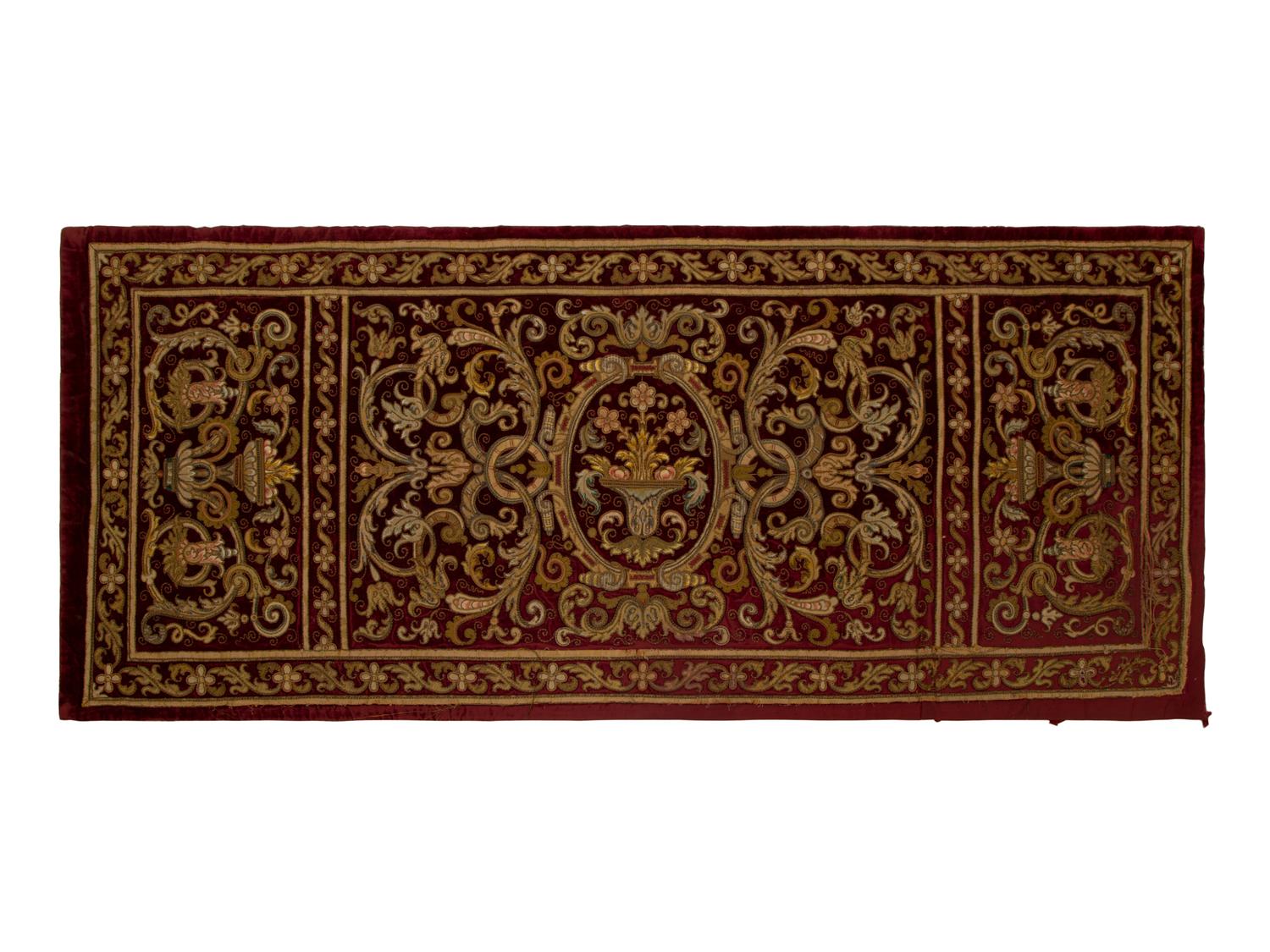 A Continental Gold Thread Embroidered Red Velvet Cloth