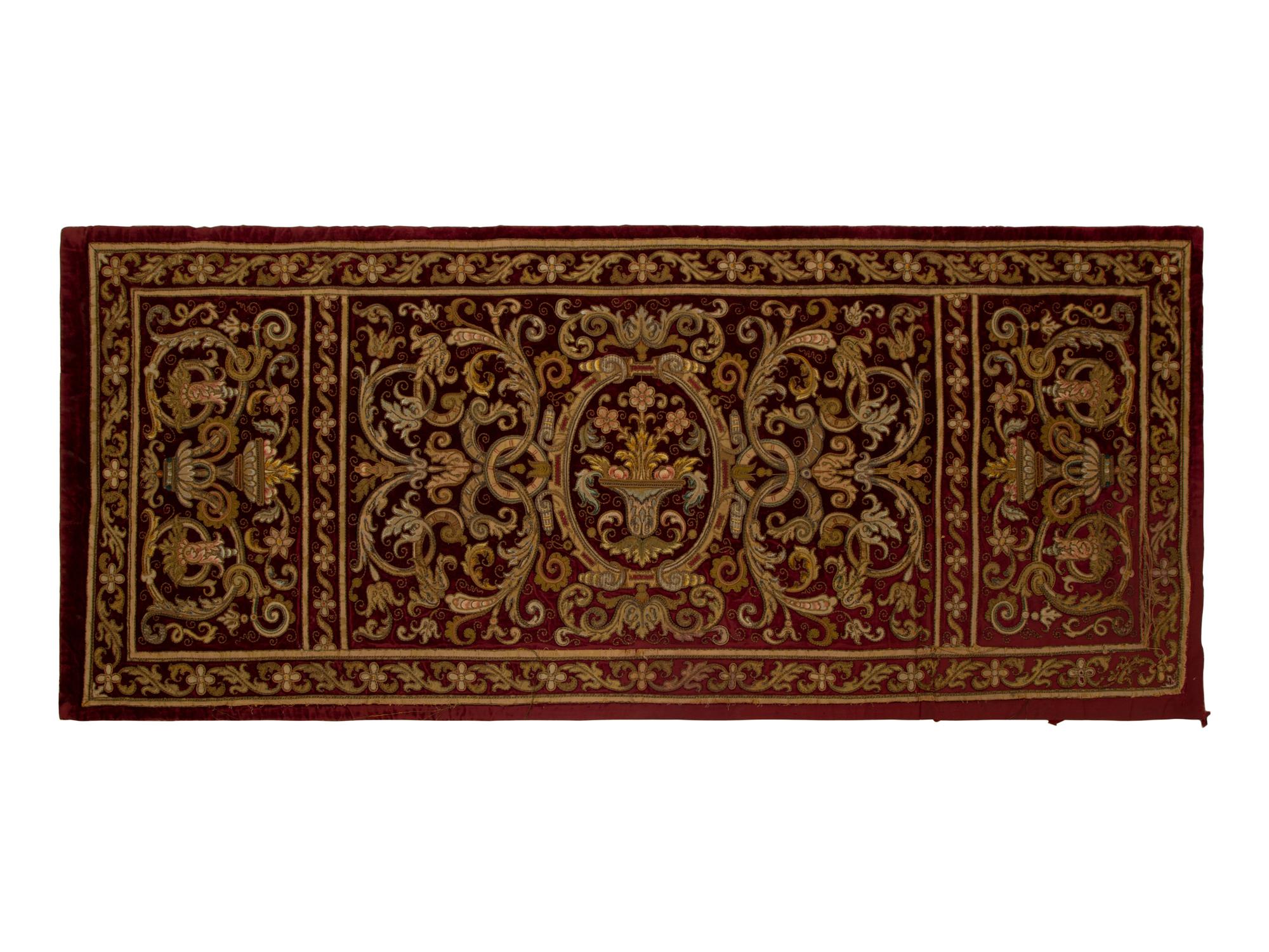 A Continental Gold Thread Embroidered Red Velvet Cloth