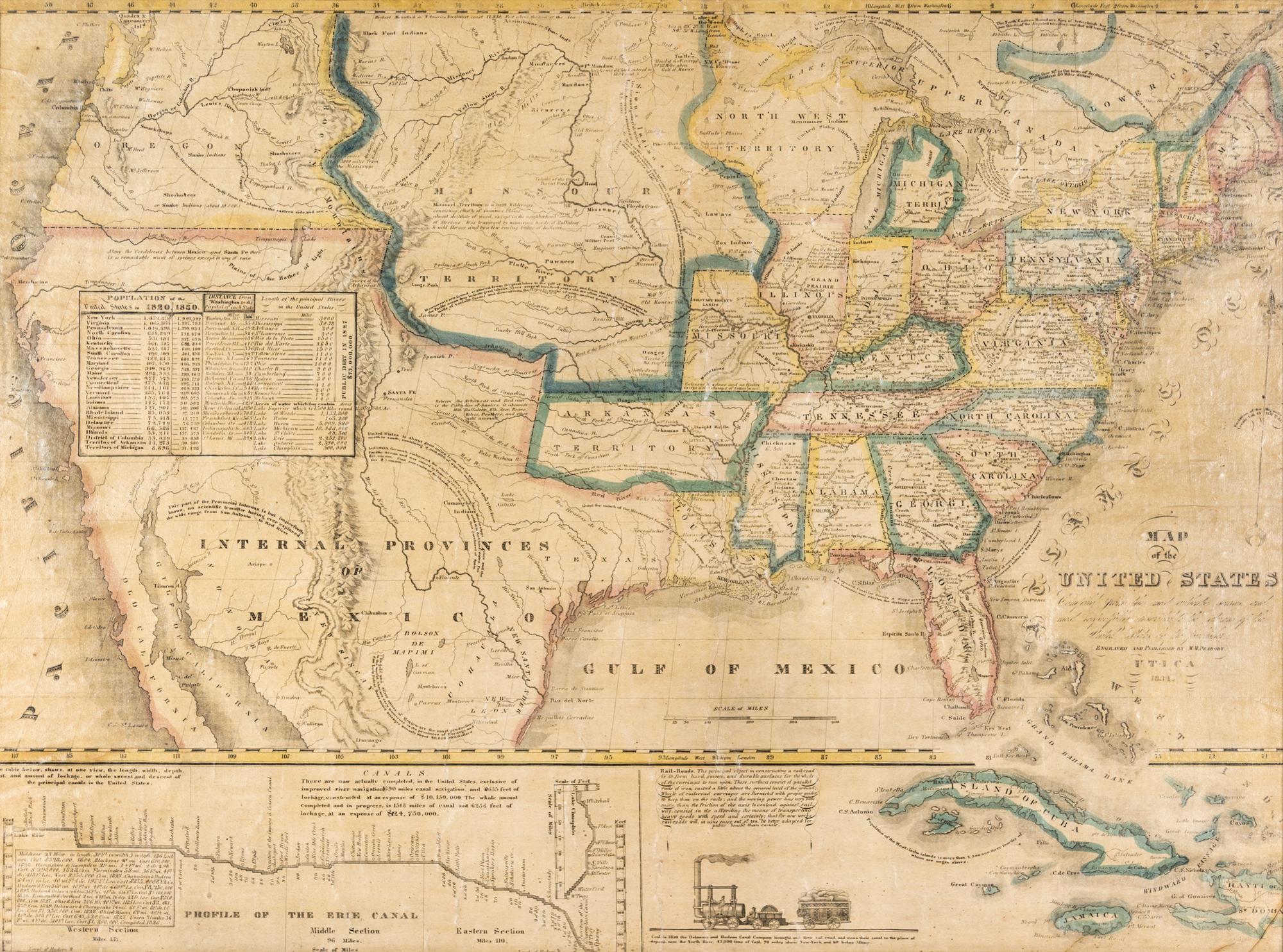 (MAP) PEABODY, M.M. Map of the United States. Utica, 1834. Engraved linen-backed map, hand-colored in outline.
