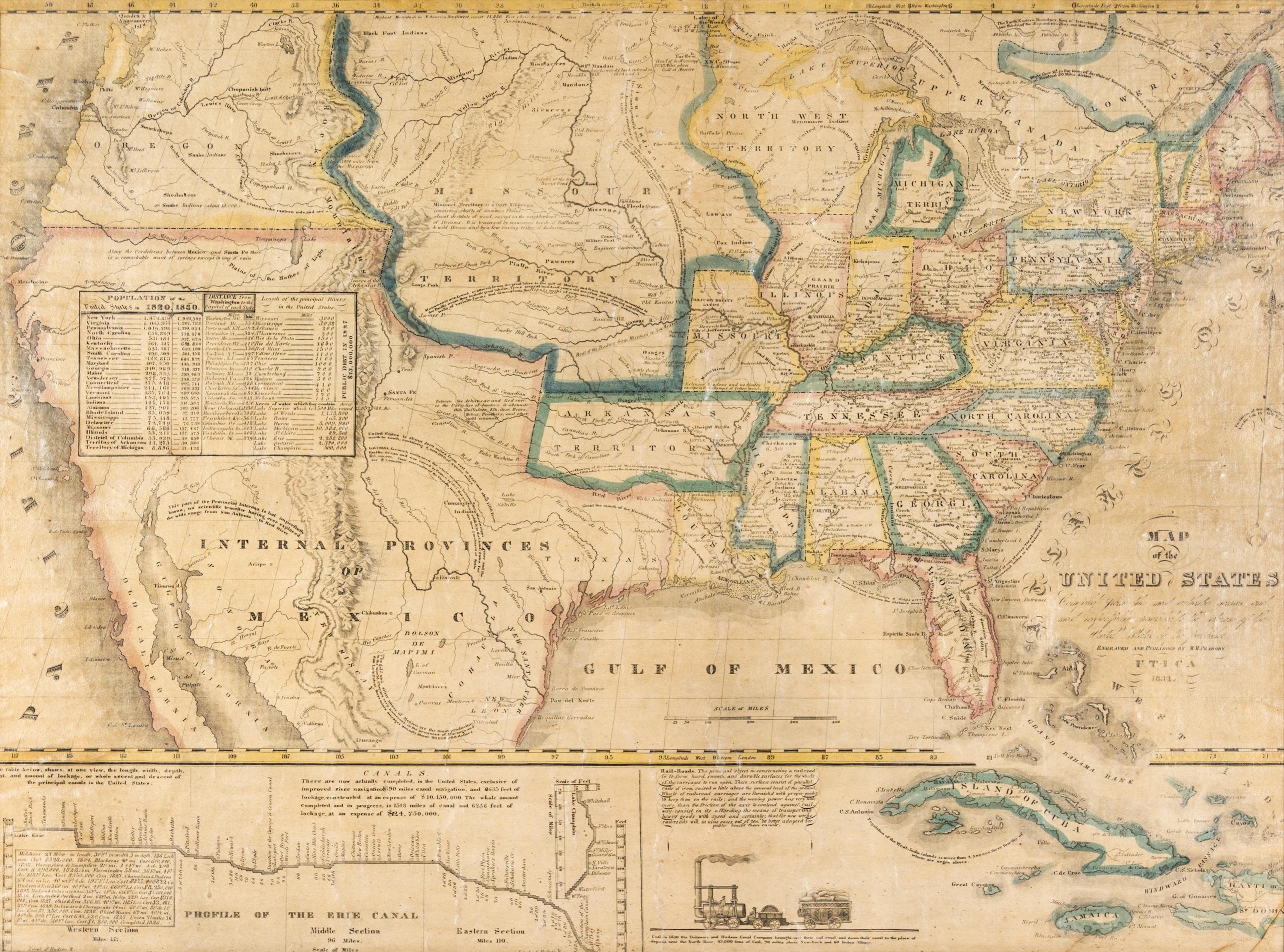 (MAP) PEABODY, M.M. Map of the United States. Utica, 1834. Engraved linen-backed map, hand-colored in outline.