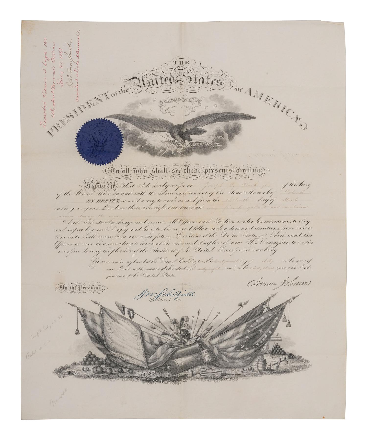 [WESTERN AMERICANA -- CIVIL WAR -- LINCOLN]. Papers of Captain Joseph Claypoole Clark, 4th US Light Artillery, Battery E, WIA Antietam, including frontier and Civil War correspondence, photography, and appointment signed by Lincoln as President.
