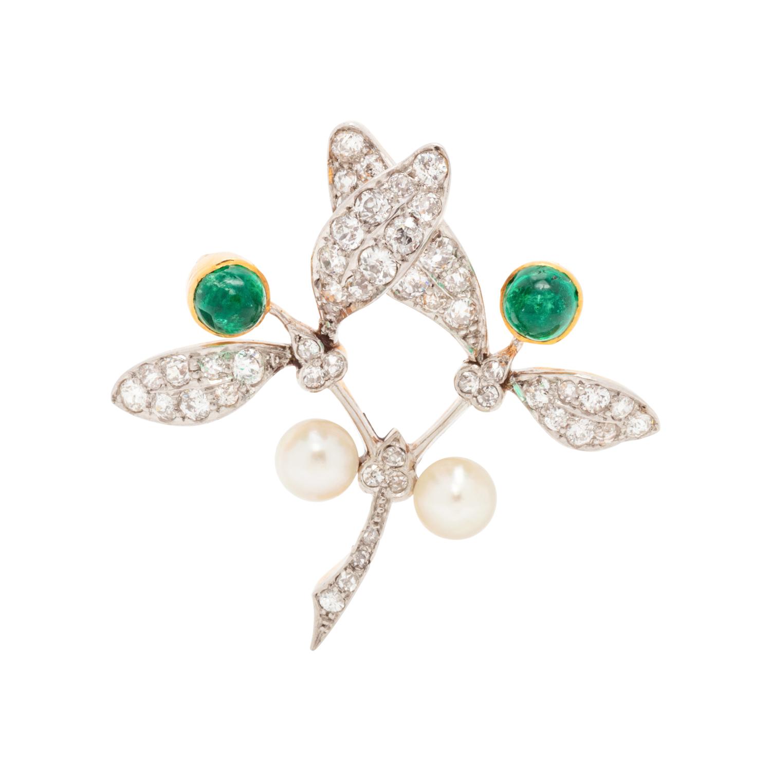 ANTIQUE, EMERALD, DIAMOND AND PEARL BROOCH