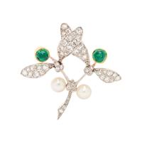 ANTIQUE, EMERALD, DIAMOND AND PEARL BROOCH