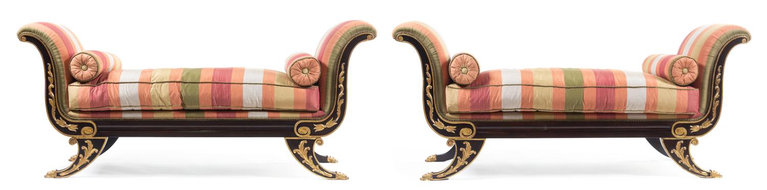 A Pair of Custom Parcel Gilt Rosewood Veneered Daybeds Width 73 inches. — 20TH CENTURY