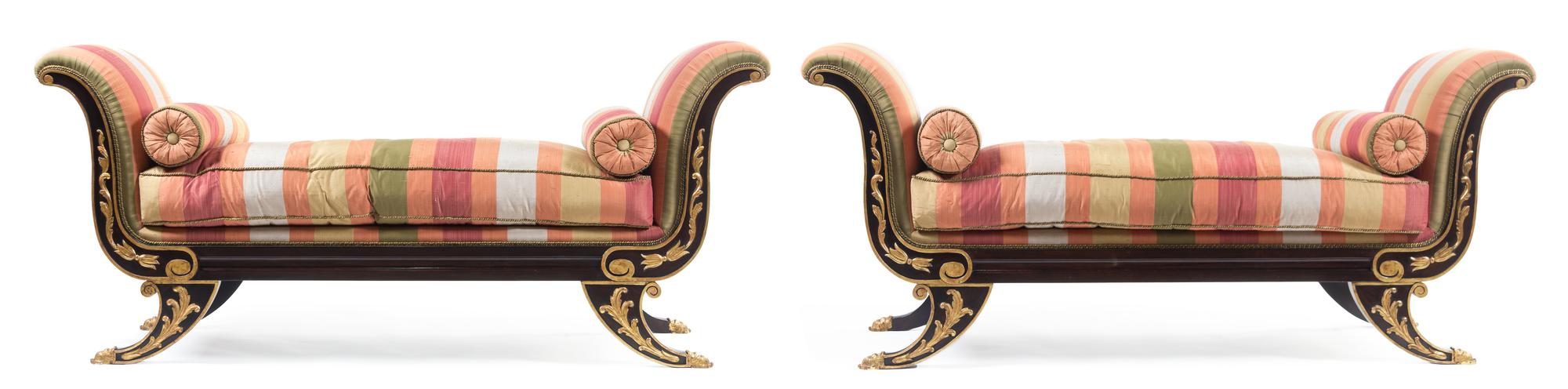 A Pair of Custom Parcel Gilt Rosewood Veneered Daybeds Width 73 inches. — 20TH CENTURY