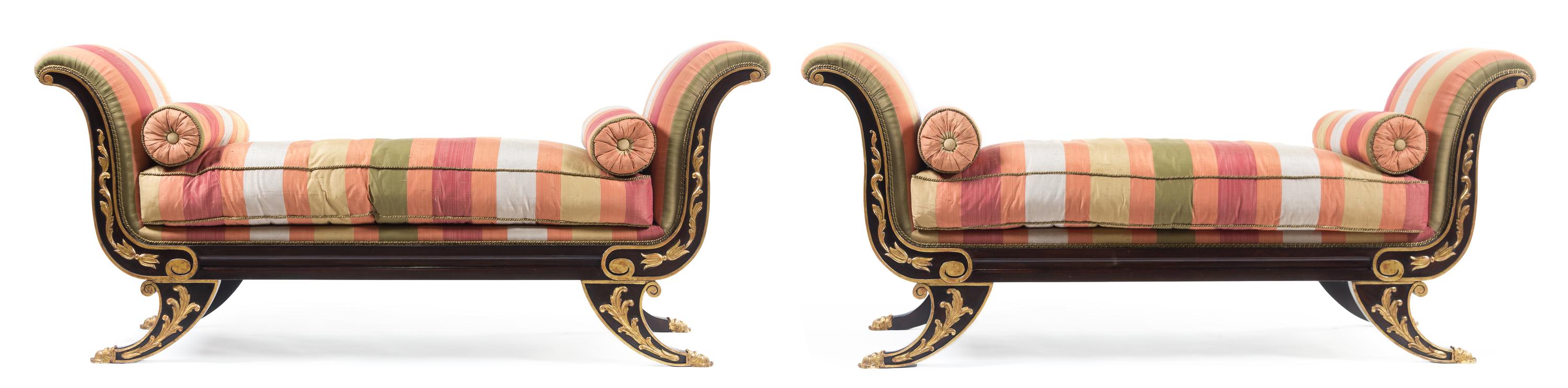 A Pair of Custom Parcel Gilt Rosewood Veneered Daybeds Width 73 inches. — 20TH CENTURY