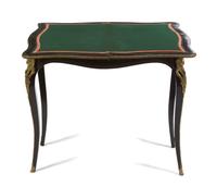A Napoleon III Ebonized and Gilt Metal Mounted Games Table, Height 29 x width 33 x depth 16 5/8 inches (closed).