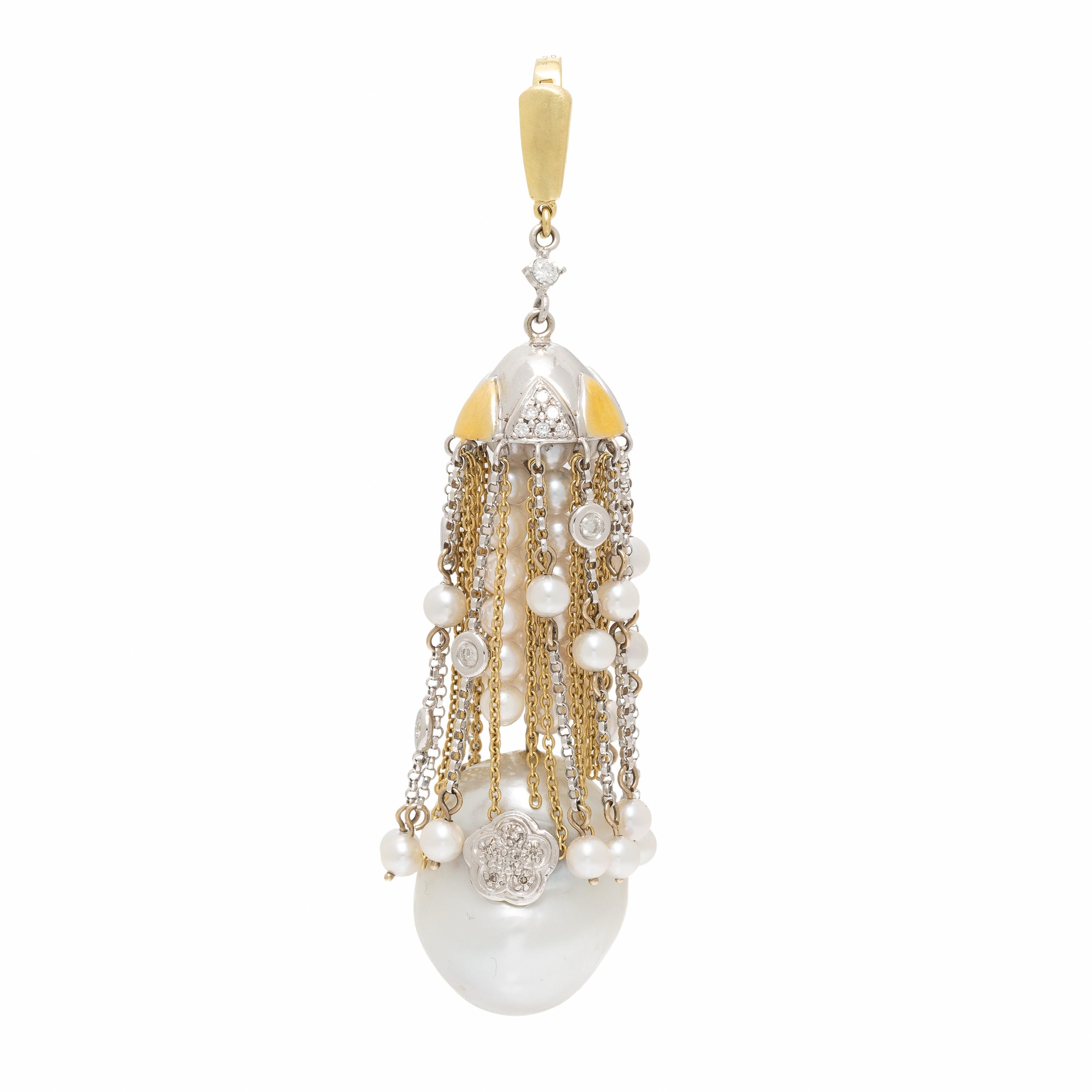 Sazingg, Cultured Pearl, Diamond, and Bicolor Gold Tassel Pendant