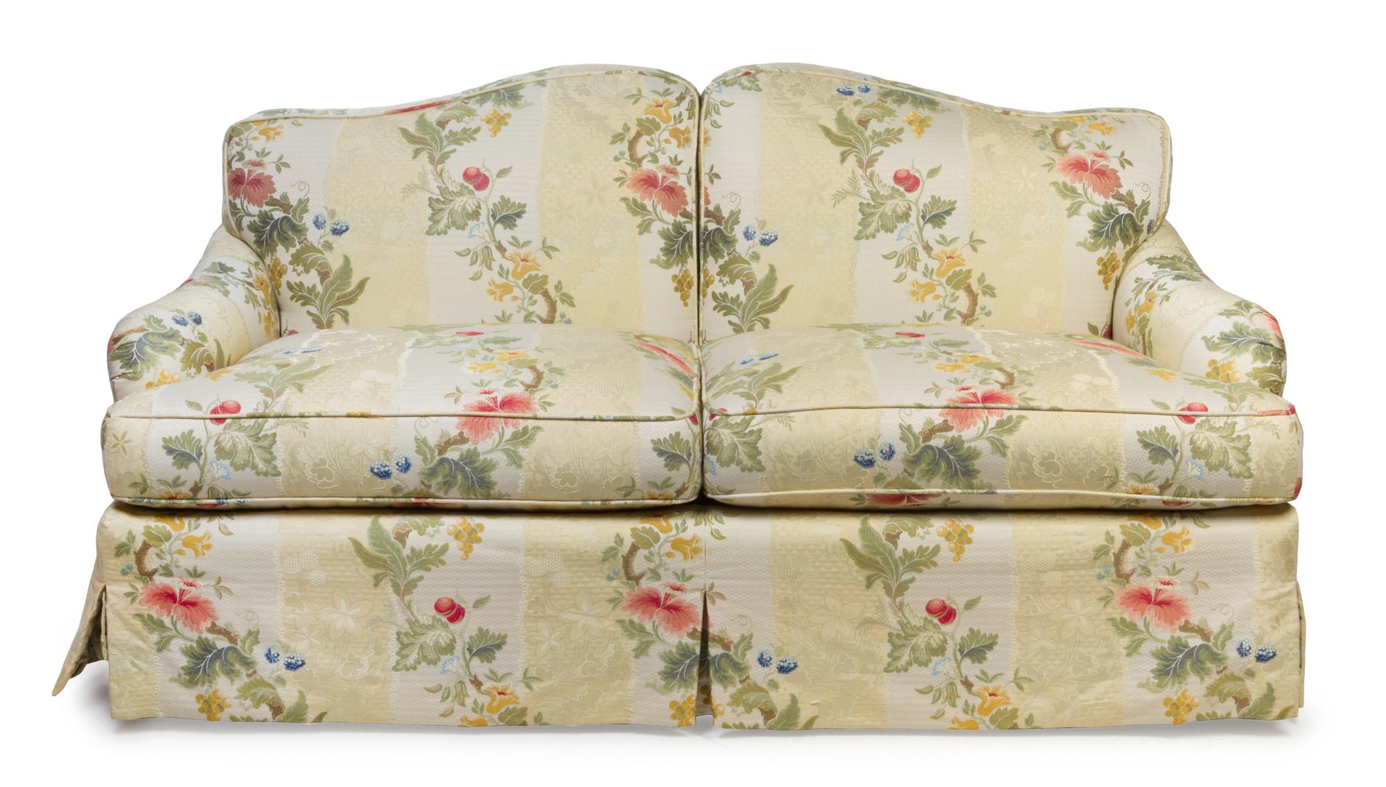 A Pair of Custom Upholstered Two-Seat Sofas Height 35 x width 65 x depth 29 inches.