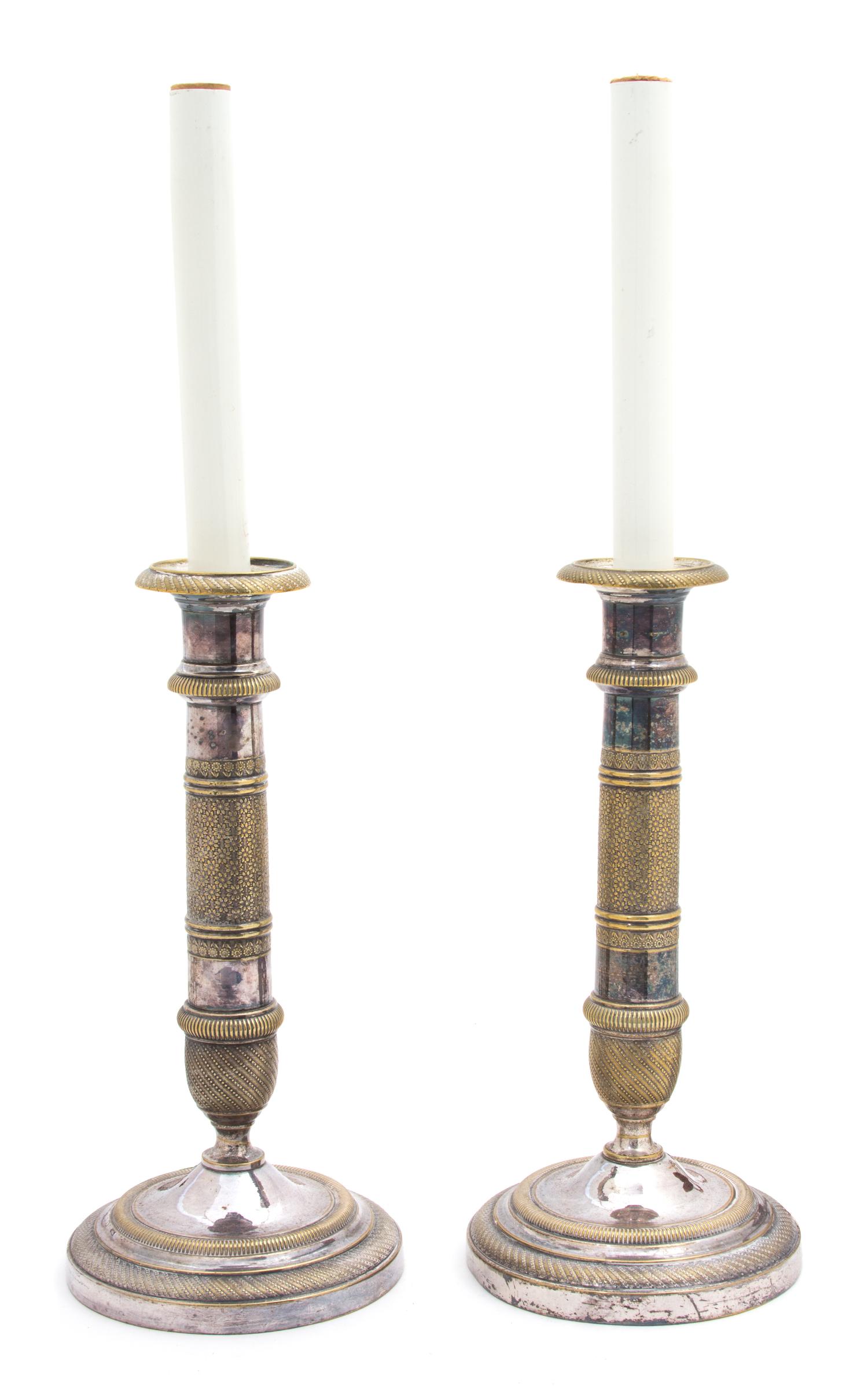 A Pair of Empire Style Silver Plate Candlesticks Height 10 inches. — LATE 19TH CENTURY