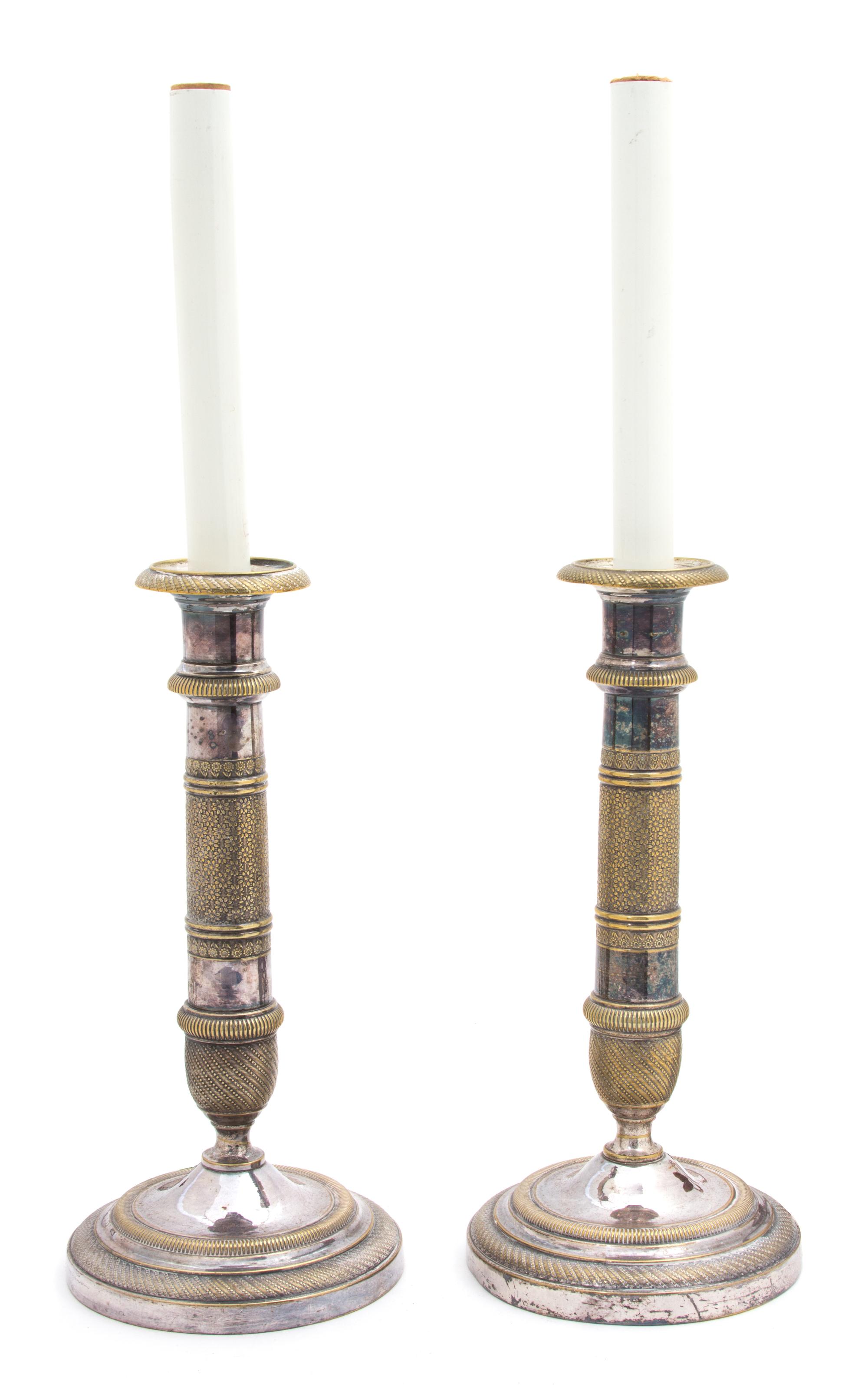 A Pair of Empire Style Silver Plate Candlesticks Height 10 inches. — LATE 19TH CENTURY