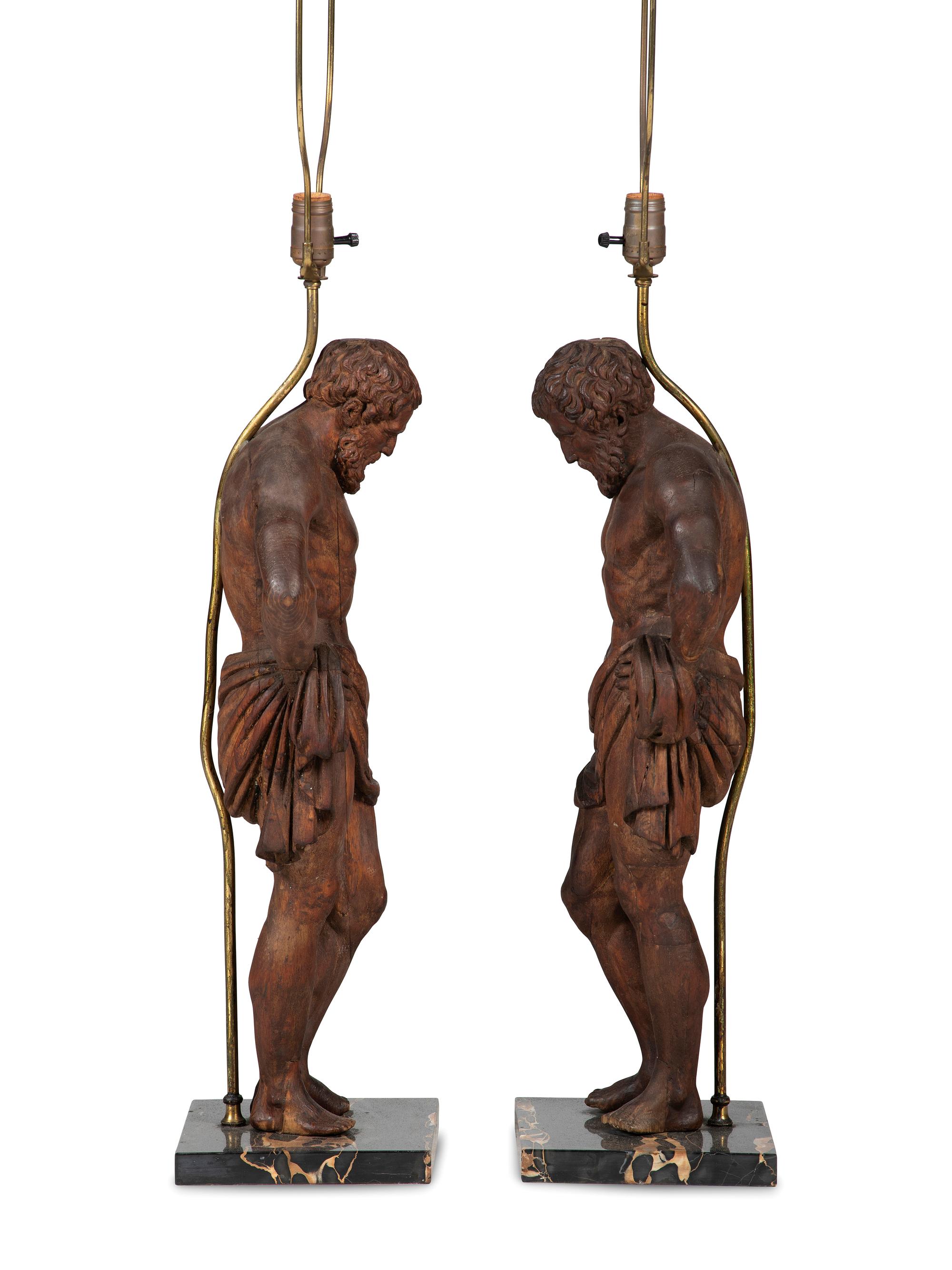 A Pair of Carved Pine Figures of Classical Men