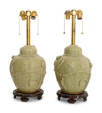 A Pair of Chinese Celadon Porcelain Jar Lamps with Bronze Stands