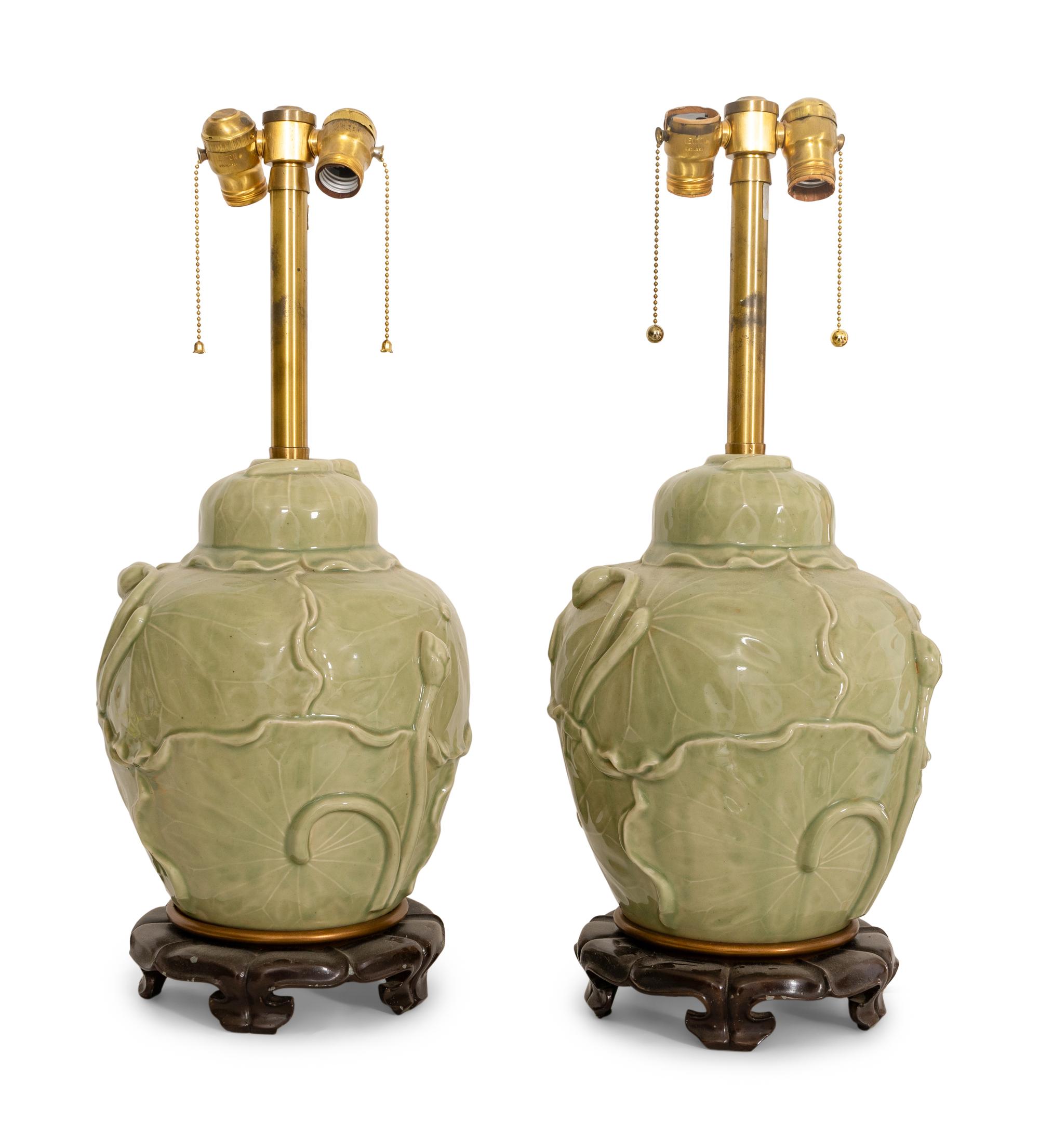 A Pair of Chinese Celadon Porcelain Jar Lamps with Bronze Stands