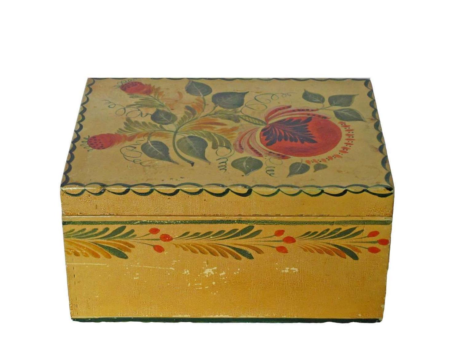 Painted and decorated wooden box new england, "sarah little her box 1889"