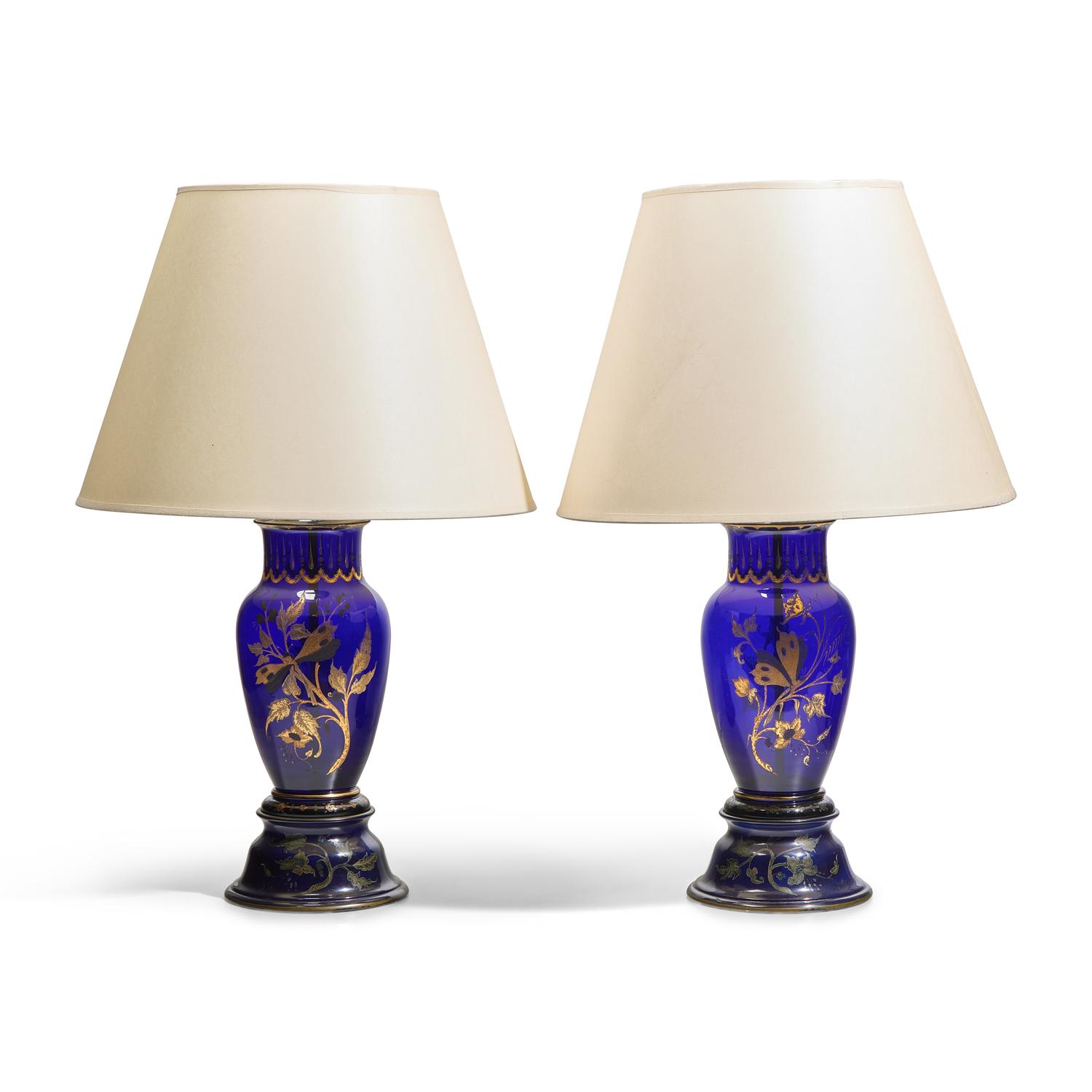 A Pair of Bohemian Parcel-Gilt Cobalt-Blue Glass Butterfly Decorated Vases, Now Mounted as Lamps