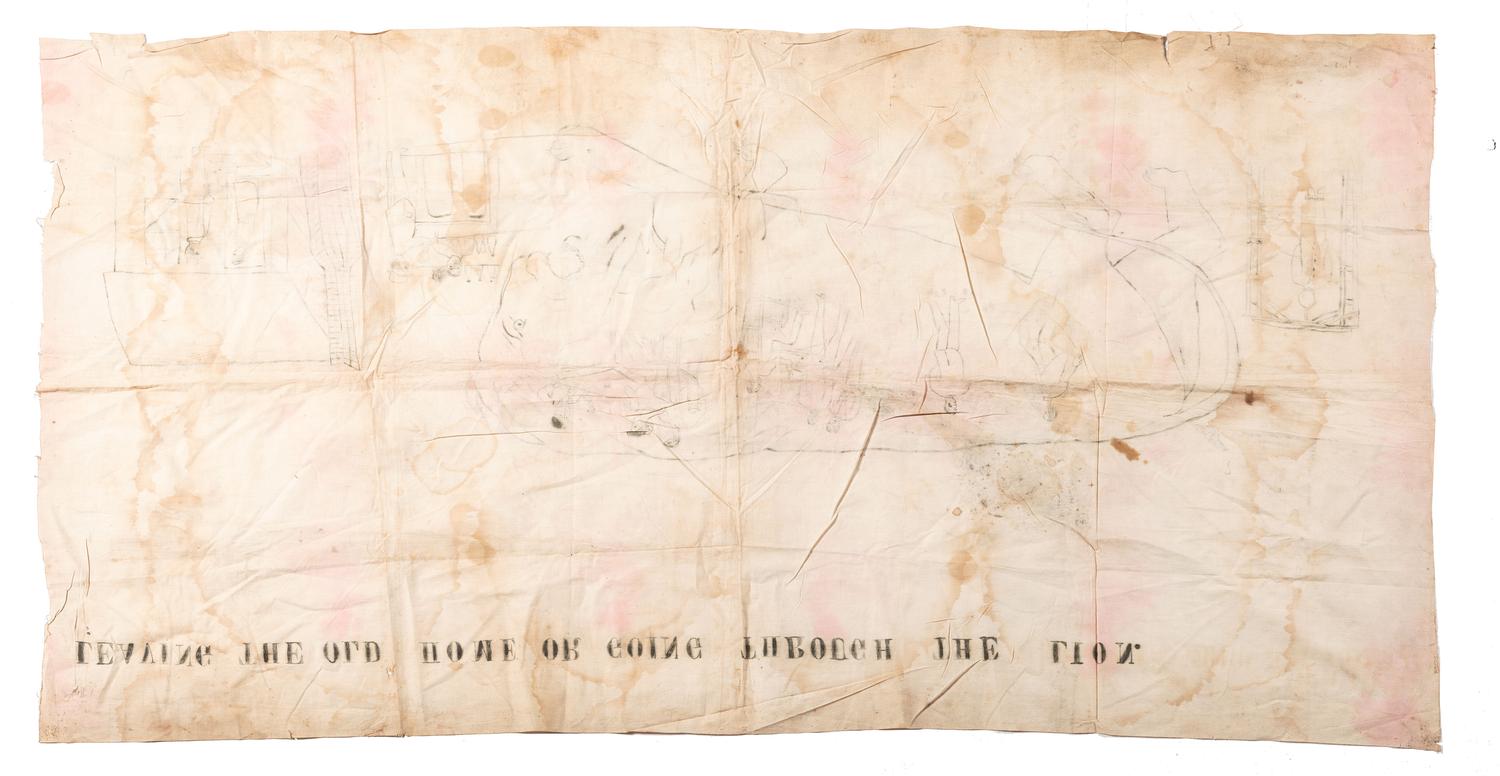[RELIGION]. Leaving the Old Home or Going Through the Lion . Illustrated church tent revival banner. [ca 1910s-1920s].