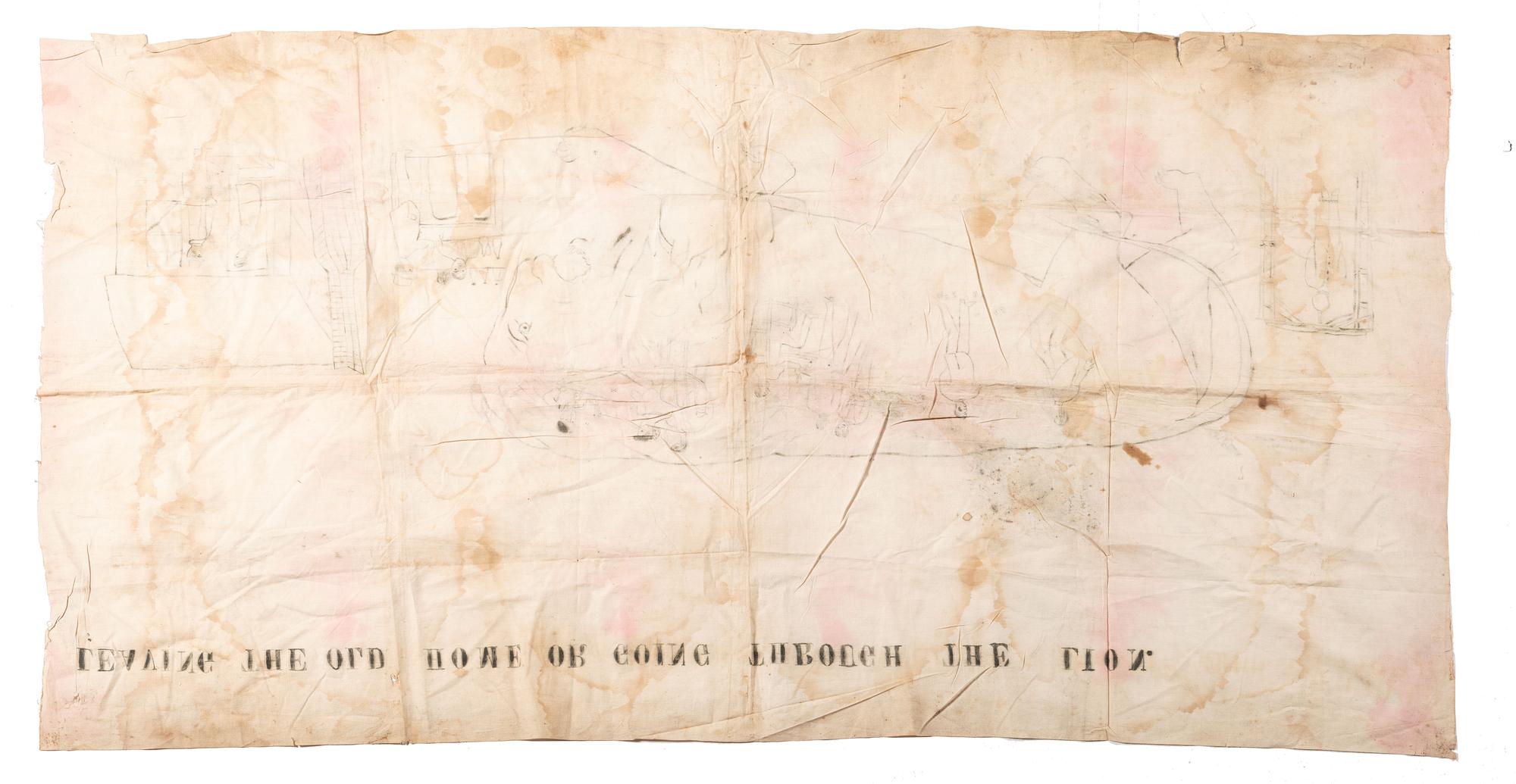 [RELIGION]. Leaving the Old Home or Going Through the Lion . Illustrated church tent revival banner. [ca 1910s-1920s].