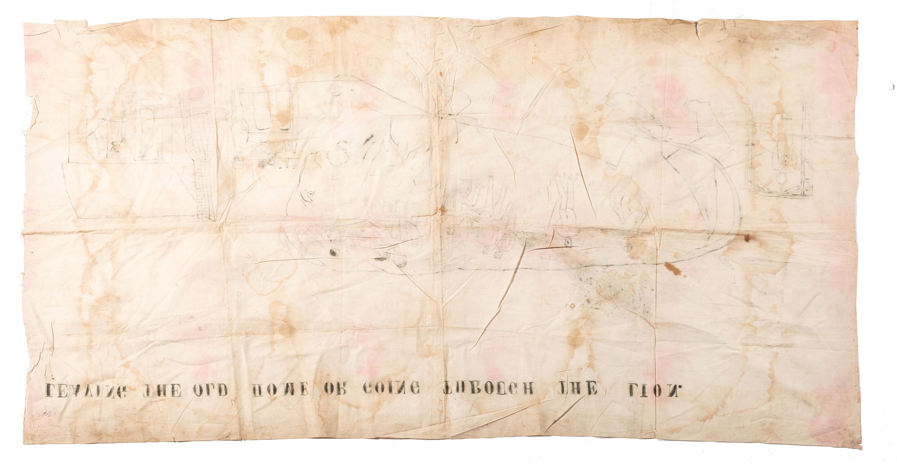 [RELIGION]. Leaving the Old Home or Going Through the Lion . Illustrated church tent revival banner. [ca 1910s-1920s].