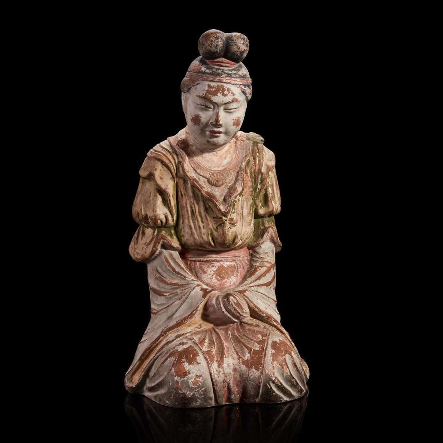 A Japanese painted pottery figure of a female attendant
