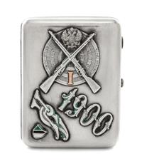 A Russian Silver and Enamel Cigarette Case, Maker's Mark MK, Moscow, Late 19th Century, the case with an applied military insignia, the