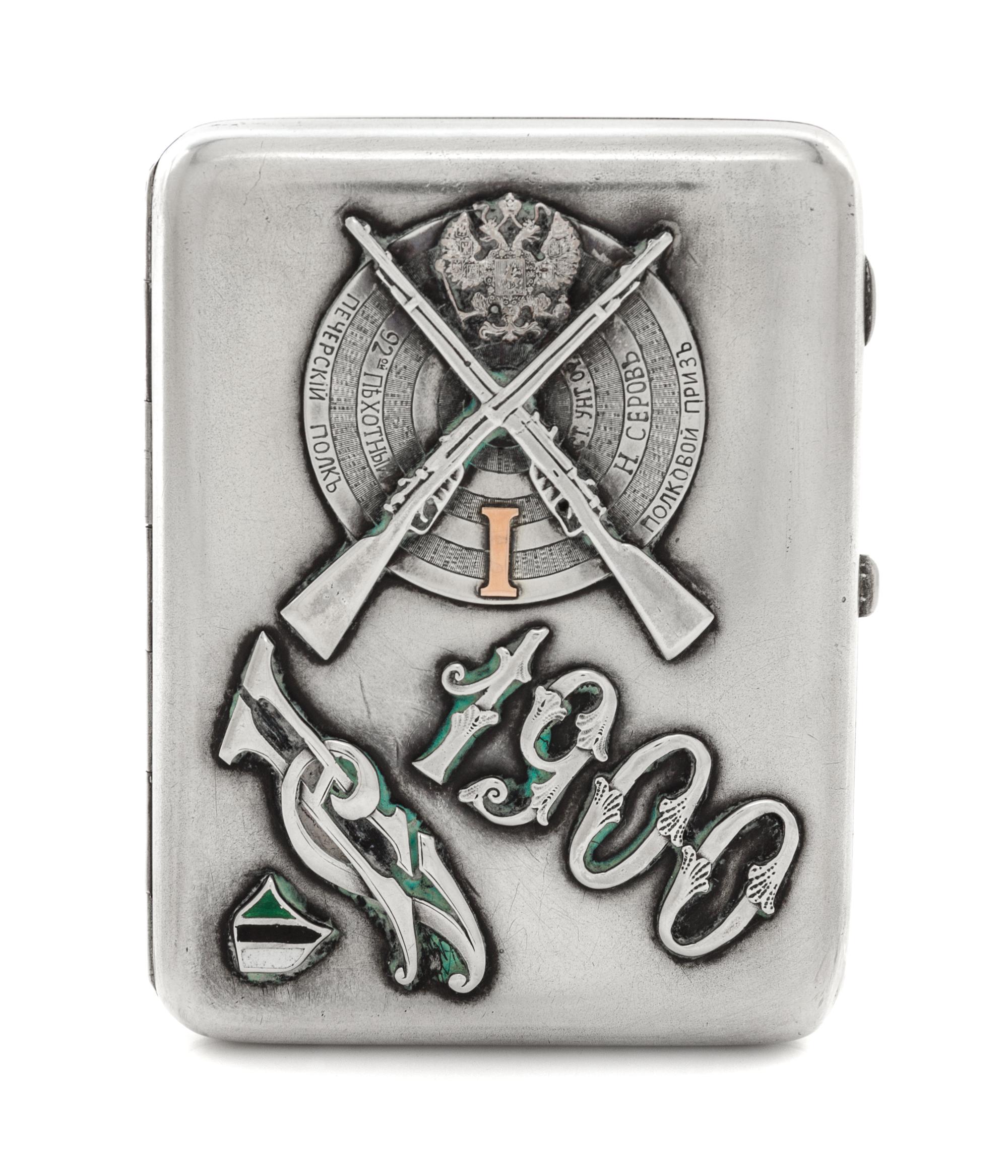 A Russian Silver and Enamel Cigarette Case, Maker's Mark MK, Moscow, Late 19th Century, the case with an applied military insignia, the