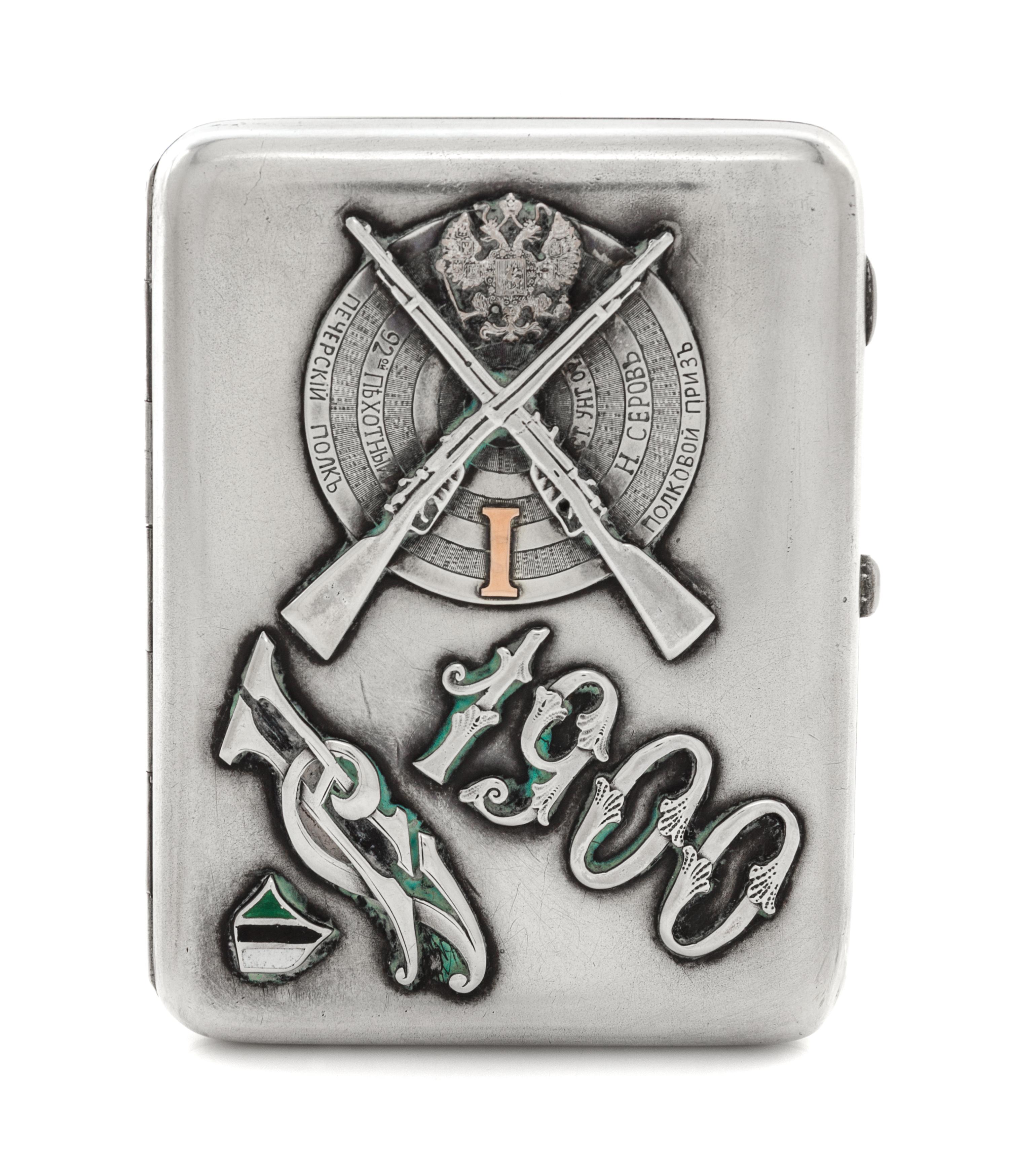 A Russian Silver and Enamel Cigarette Case, Maker's Mark MK, Moscow, Late 19th Century, the case with an applied military insignia, the