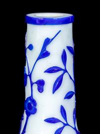 A Pair of Chinese Blue Overlay Opaque White Glass Bottle Vases