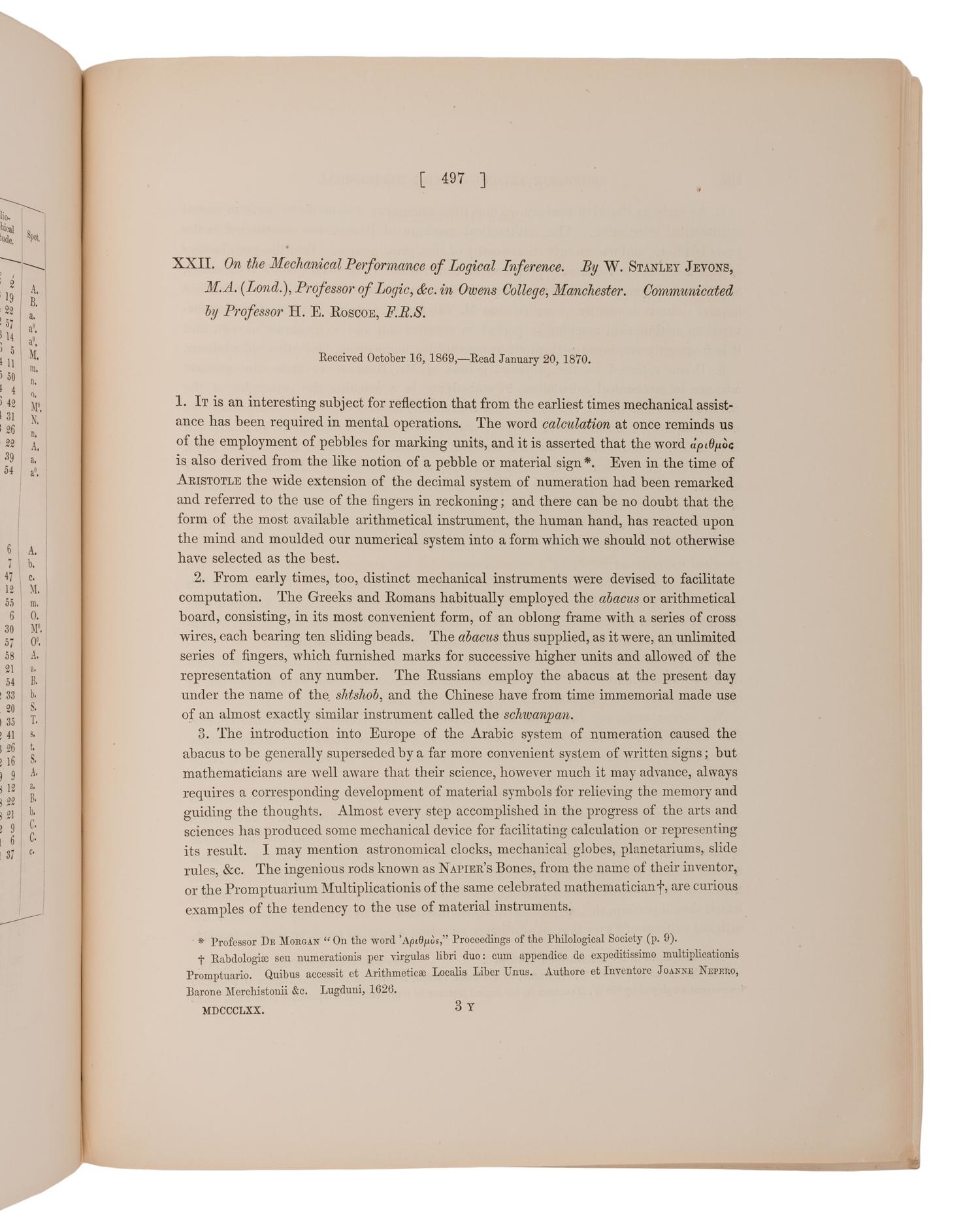 JEVONS, William Stanley (1835-1882). "On the Mechanical Performance of Logical Inference." In: Philosophical Transactions of the Royal Society of London, vol. 160, part II, pp. 497-518. London: Taylor and Francis,1870.