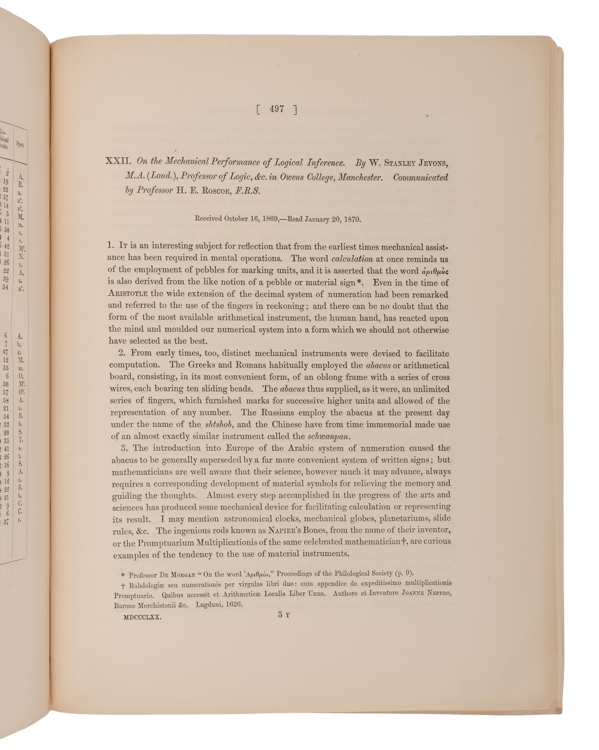 JEVONS, William Stanley (1835-1882). "On the Mechanical Performance of Logical Inference." In: Philosophical Transactions of the Royal Society of London, vol. 160, part II, pp. 497-518. London: Taylor and Francis,1870.