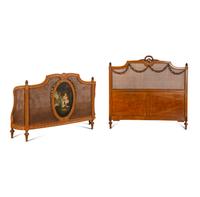 An Edwardian Satinwood and Polychrome Painted Headboard and Footboard