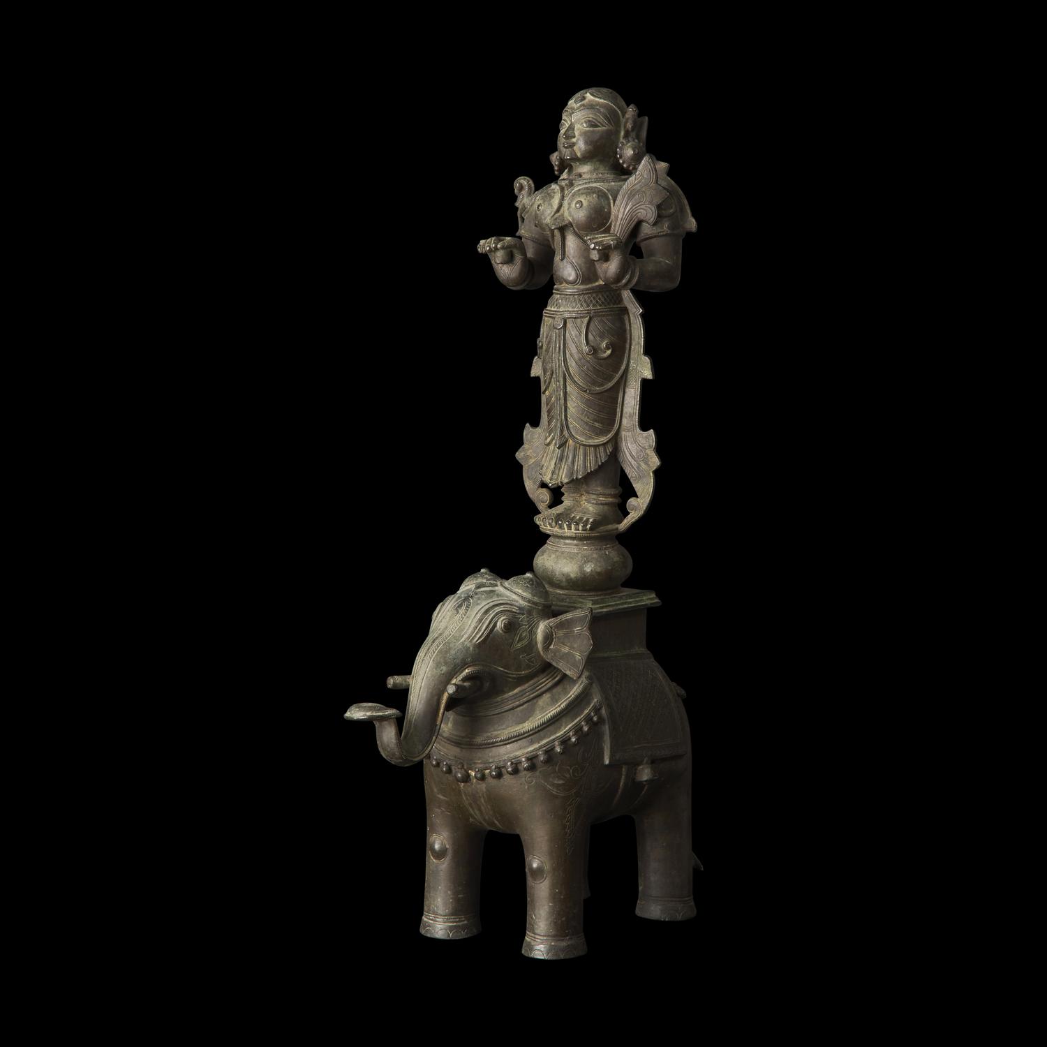 An Indian Bronze Figure of Lakshmi on Elephant, Probably Orissa, 19th Century or Earlier 十九世紀或更早 印度青銅吉祥天女騎象