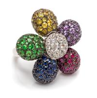 An 18 Karat White Gold, Diamond, and Multigem En Tremblant Flower Motif Ring, 13.70 dwts.