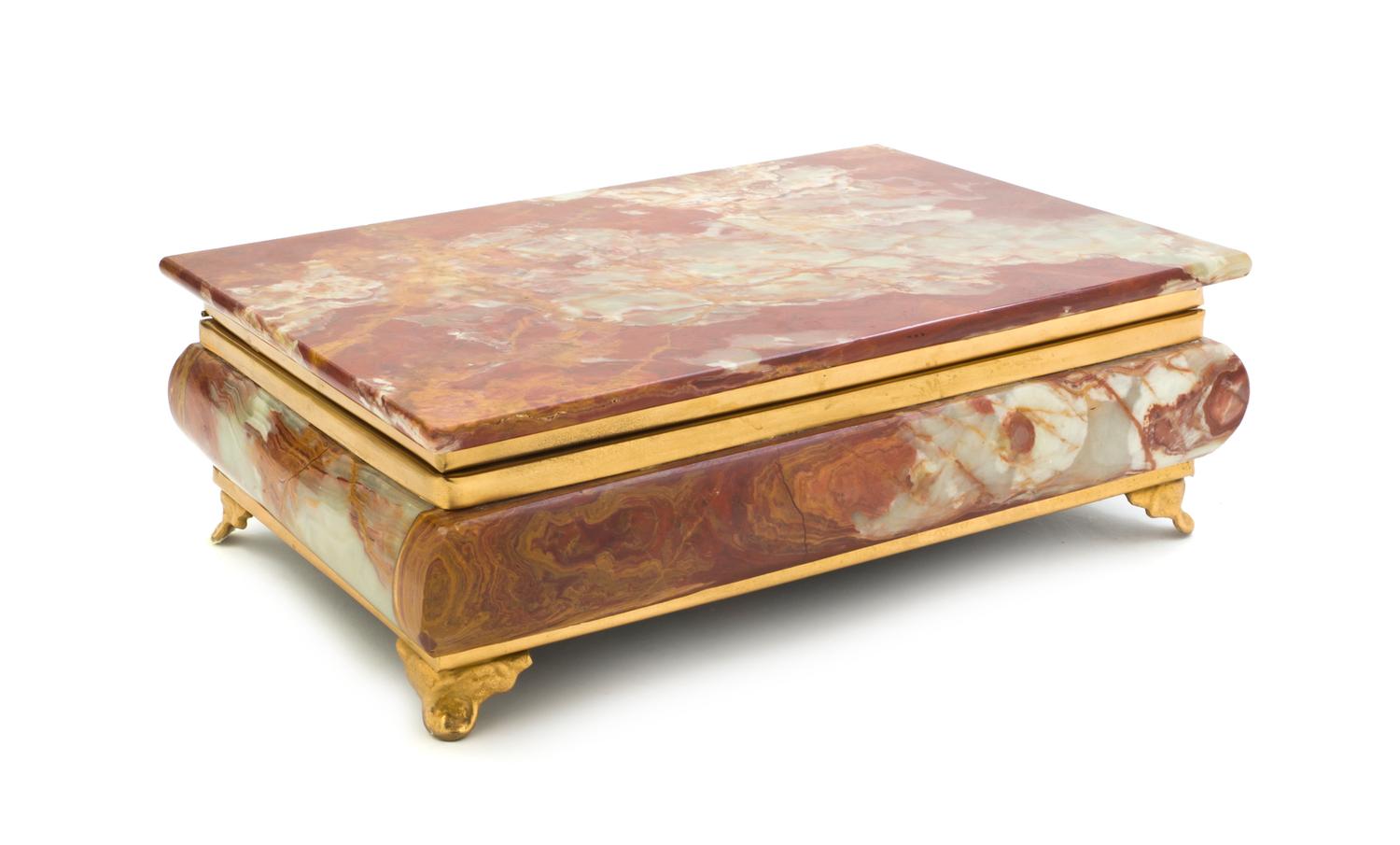 An Onyx and Gilt Bronze Mounted Table Casket, Width 12 inches.