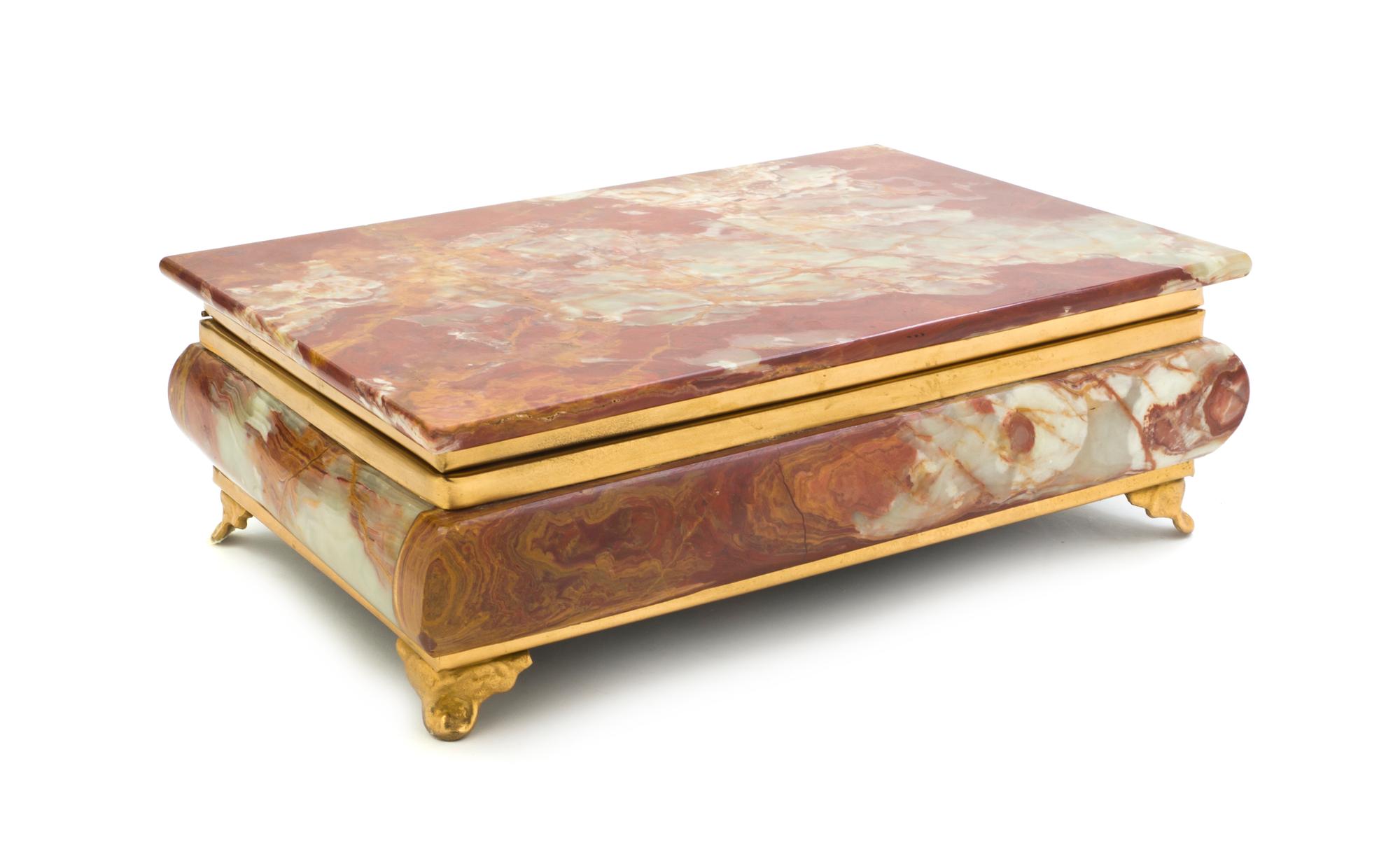 An Onyx and Gilt Bronze Mounted Table Casket, Width 12 inches.