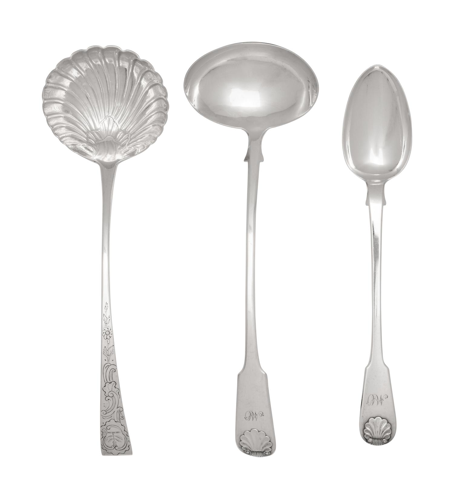 A Collection of Scottish Shell and Fiddle Silver Flatware Articles