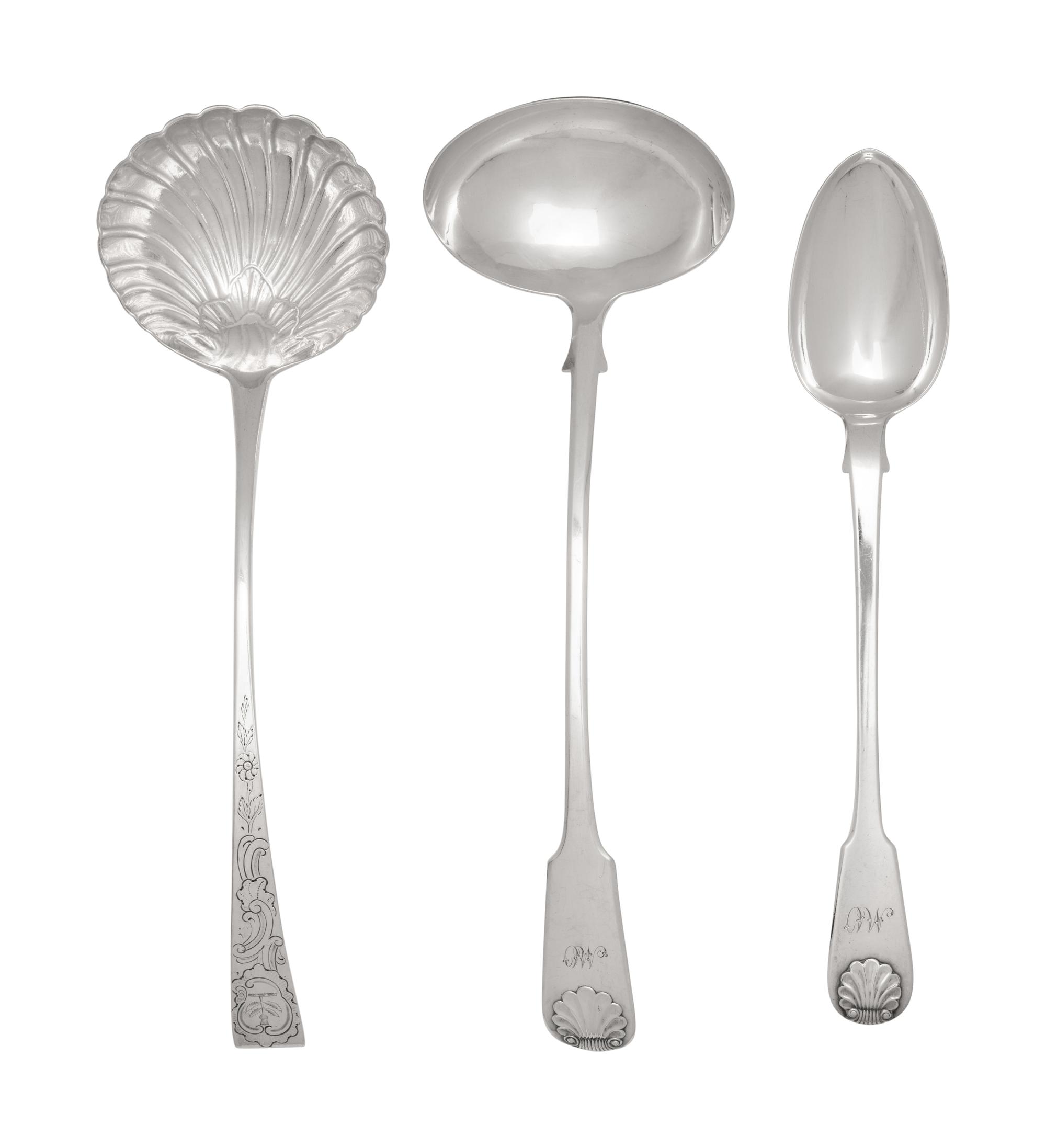 A Collection of Scottish Shell and Fiddle Silver Flatware Articles