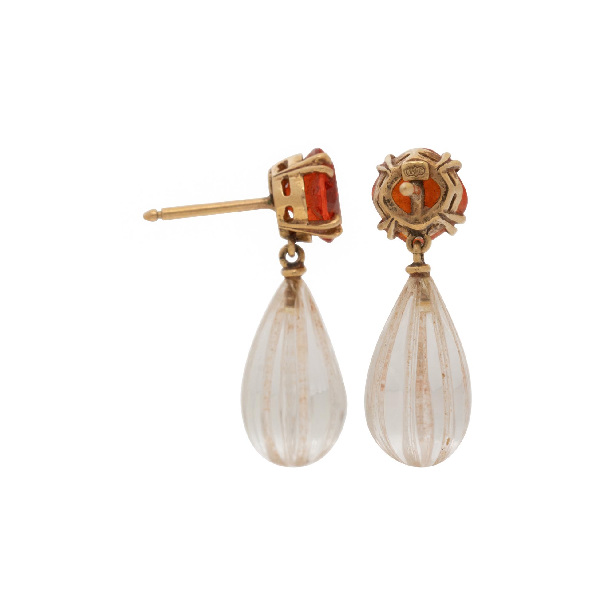 YELLOW GOLD, FIRE OPAL, AND ROCK CRYSTAL QUARTZ EARRINGS