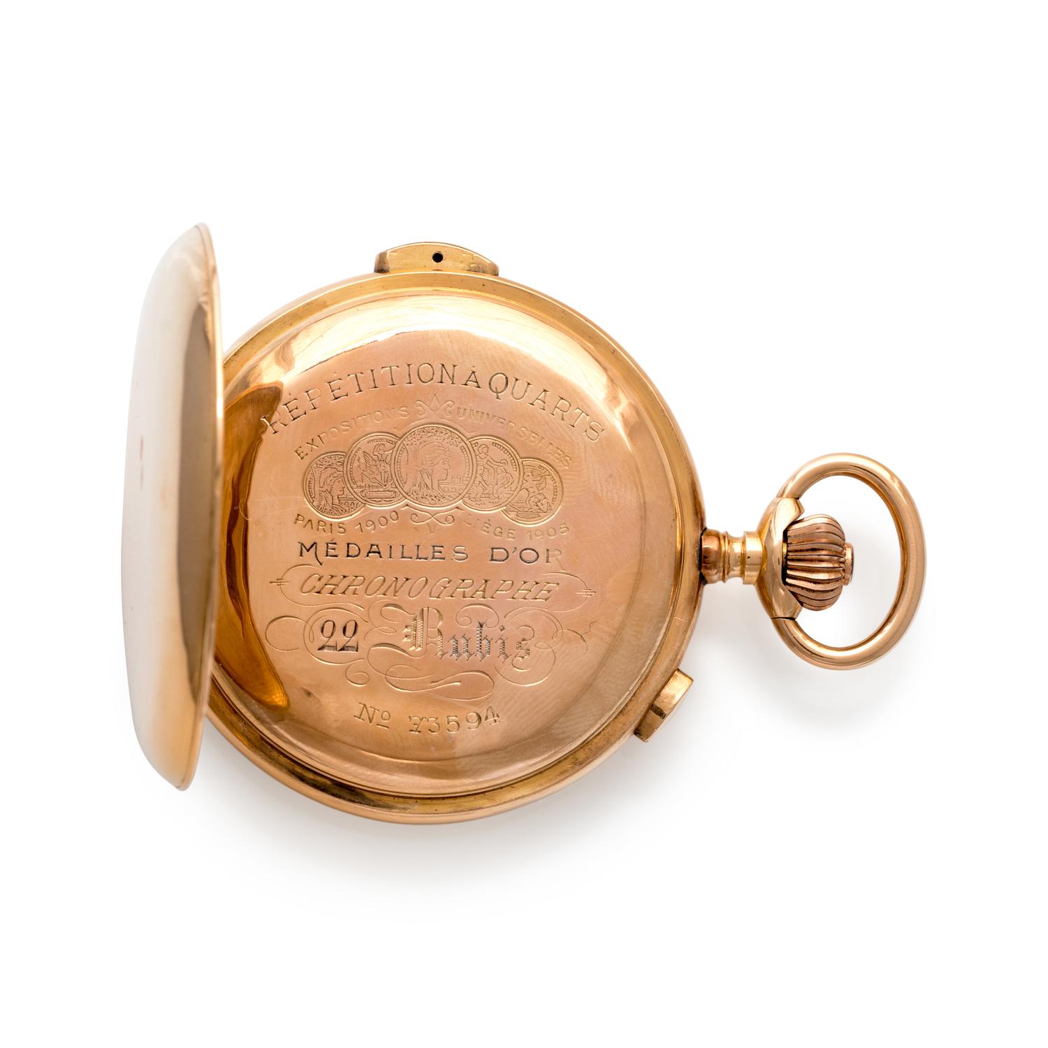 18K YELLOW GOLD QUARTER REPEATER CHRONOGRAPH HUNTER CASE POCKET WATCH